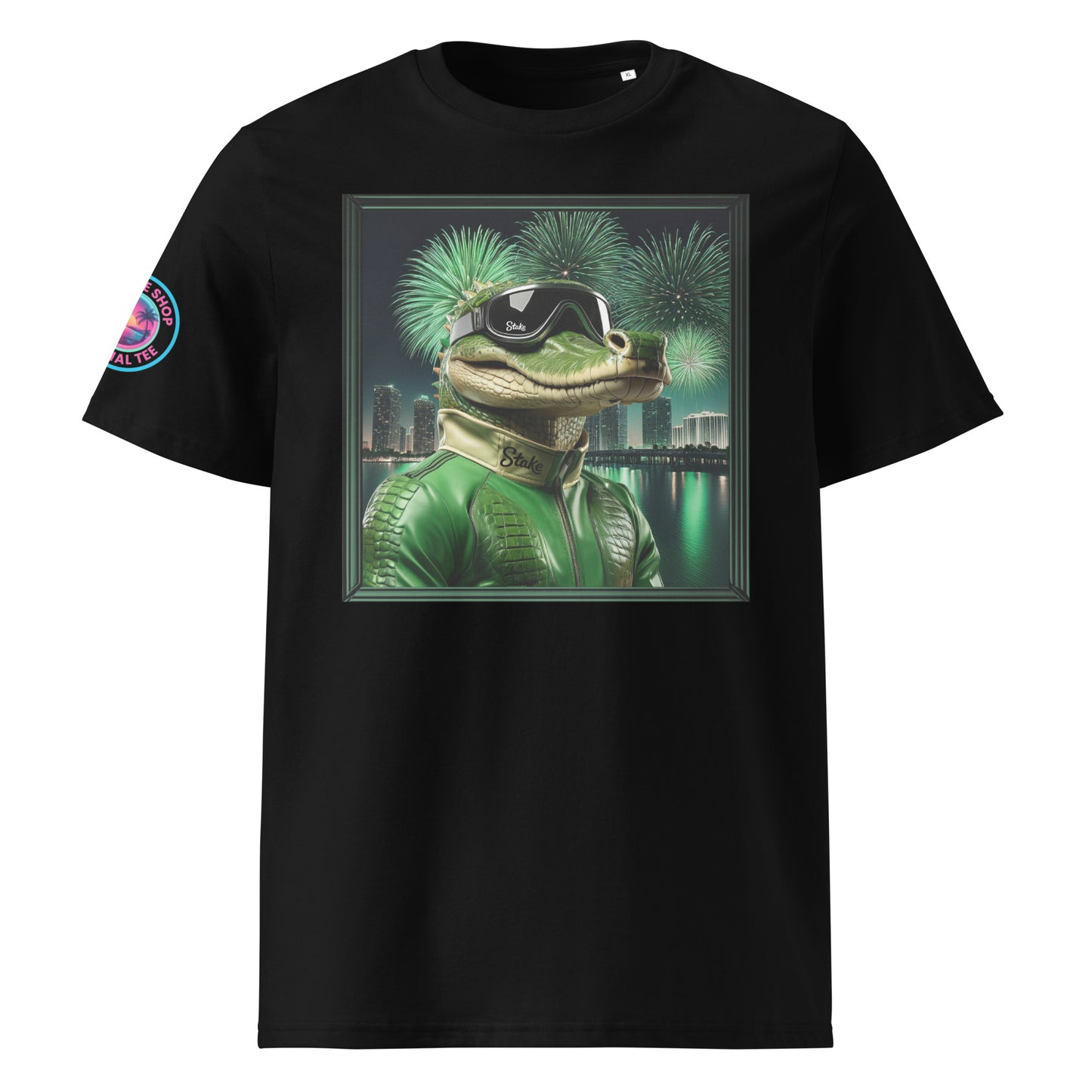 Front view of our Stake F1 Gator Miami Grand Prix black t-shirt showcasing a dynamic gator racer against a vibrant Miami backdrop. A stylish addition to your wardrobe and a great conversation starter.