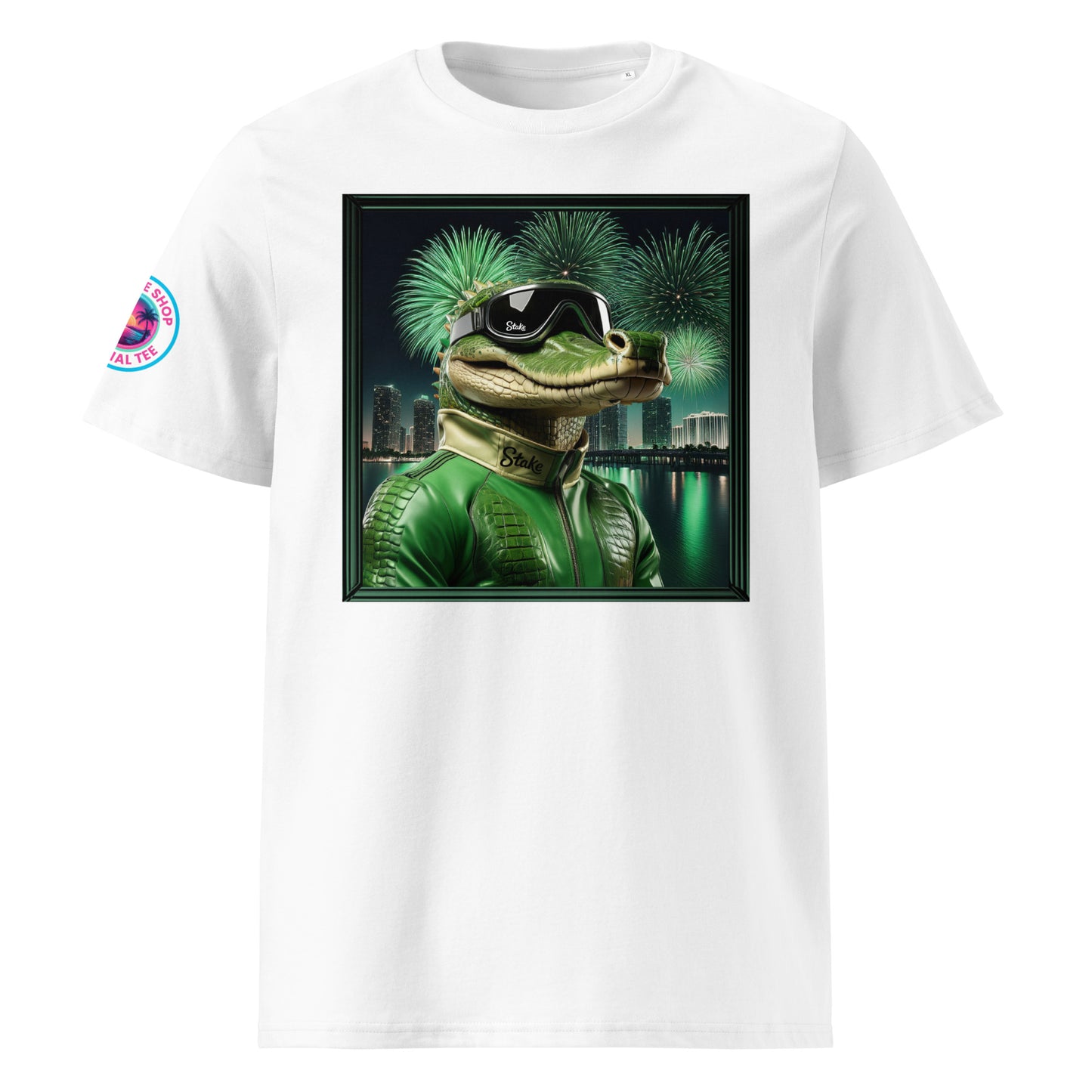 Front view of our Stake F1 Gator Miami Grand Prix white t-shirt showcasing a dynamic gator racer against a vibrant Miami backdrop. A stylish addition to your wardrobe and a great conversation starter.
