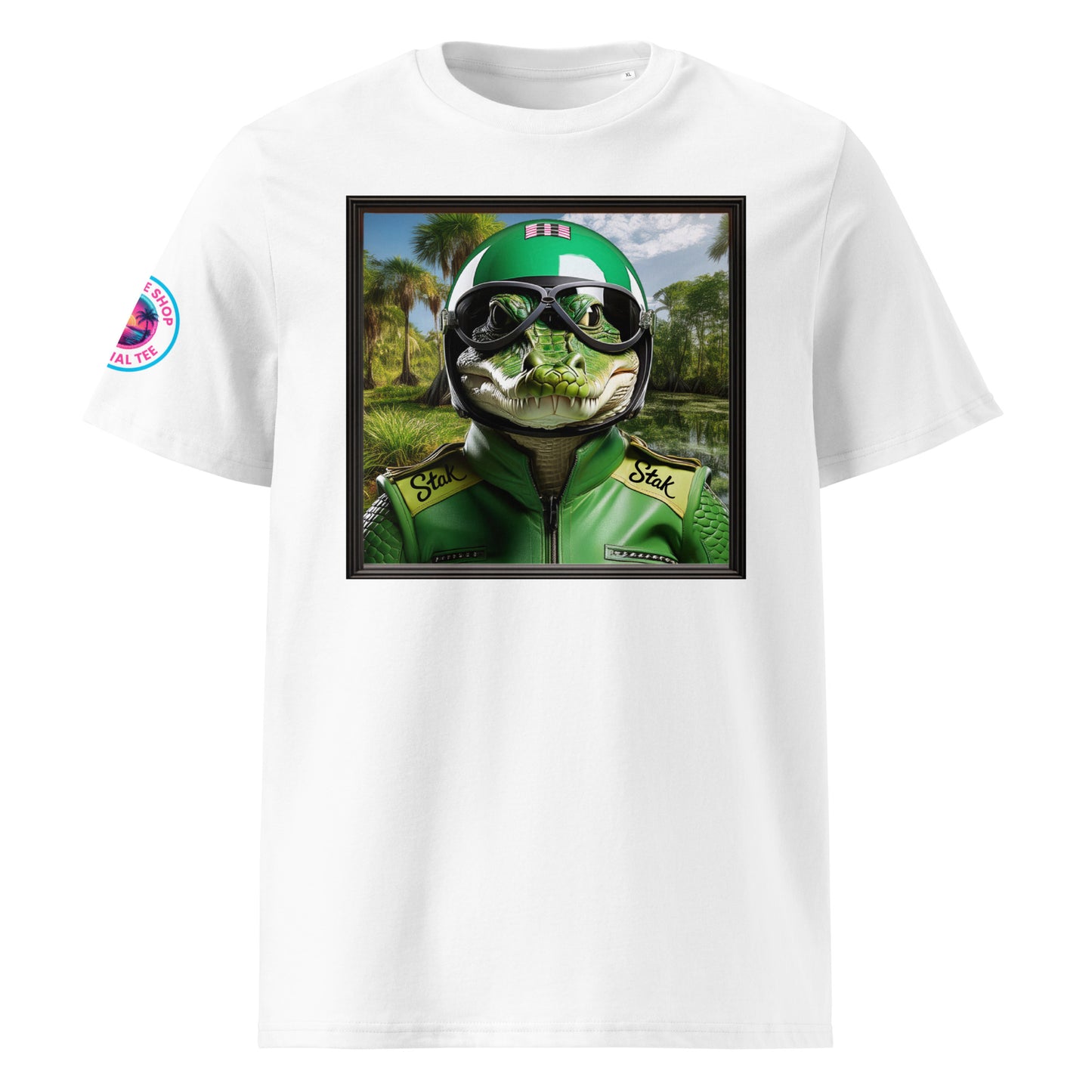 Front view of our Stake F1 Team Kick Sauber t-shirt showcasing a green alligator racer against a tropical Miami backdrop.