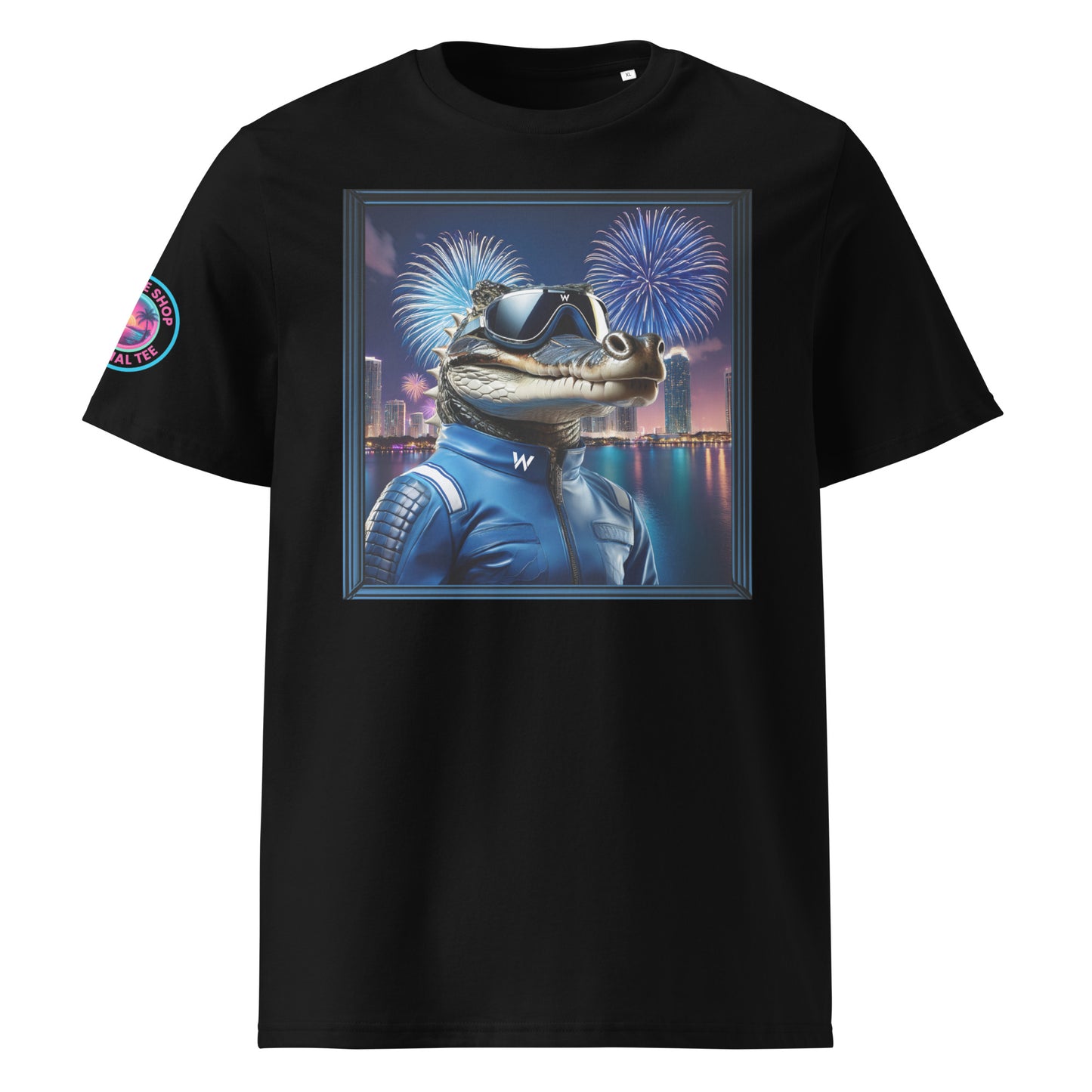 Front view of our Williams F1 Gator Miami Grand Prix black t-shirt showcasing a bold gator racer against a vibrant Miami backdrop. A stylish addition to your wardrobe and a great conversation starter.