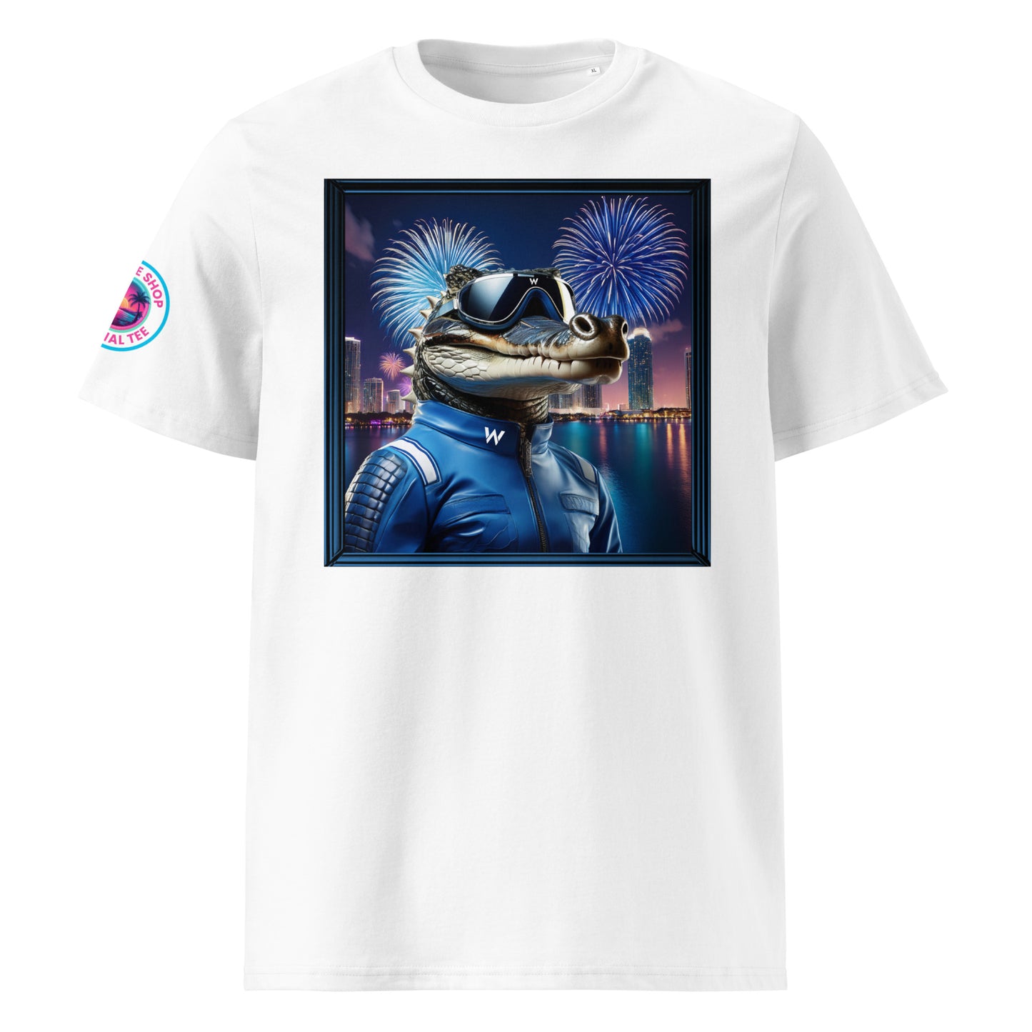 Front view of our Williams F1 Gator Miami Grand Prix white t-shirt showcasing a bold gator racer against a vibrant Miami backdrop. A stylish addition to your wardrobe and a great conversation starter.
