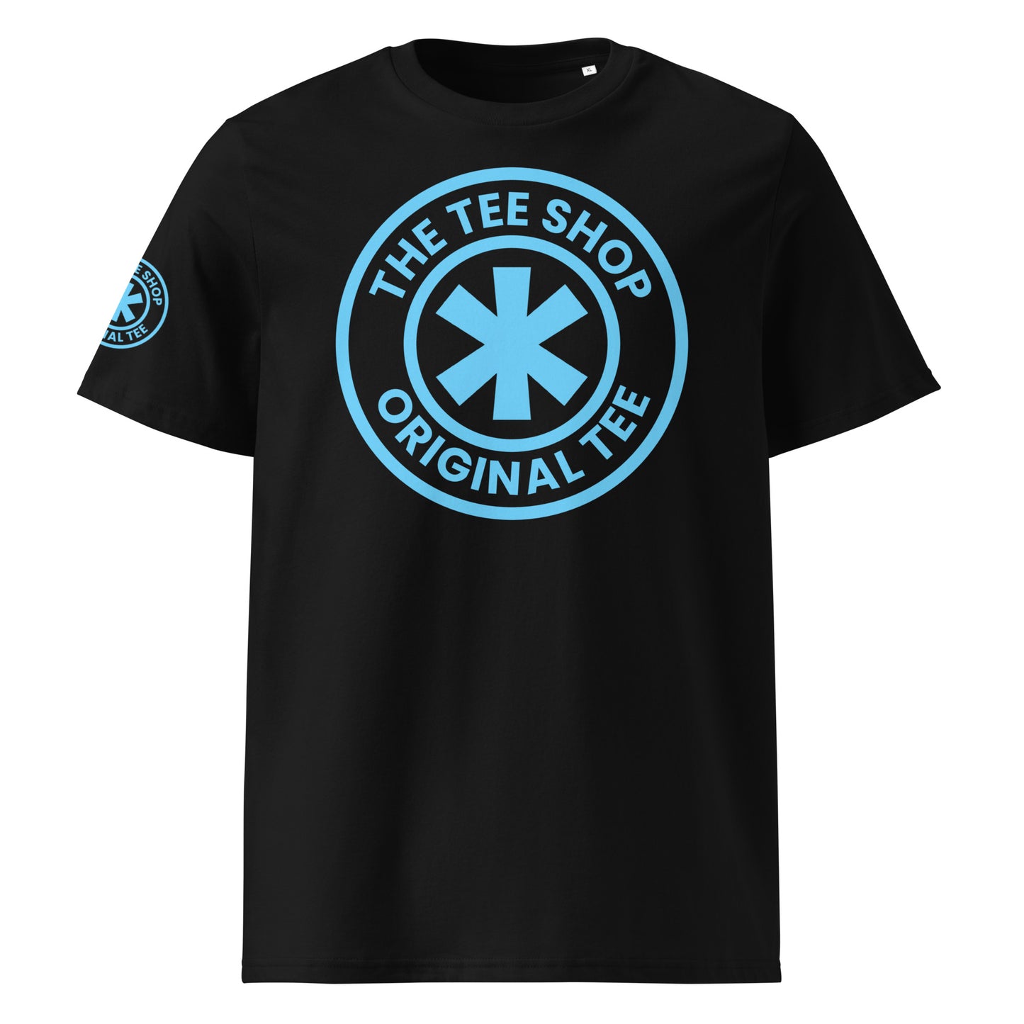 Front view of The Tee Shop Crew t-shirt in black with a Gulf Blue logo.