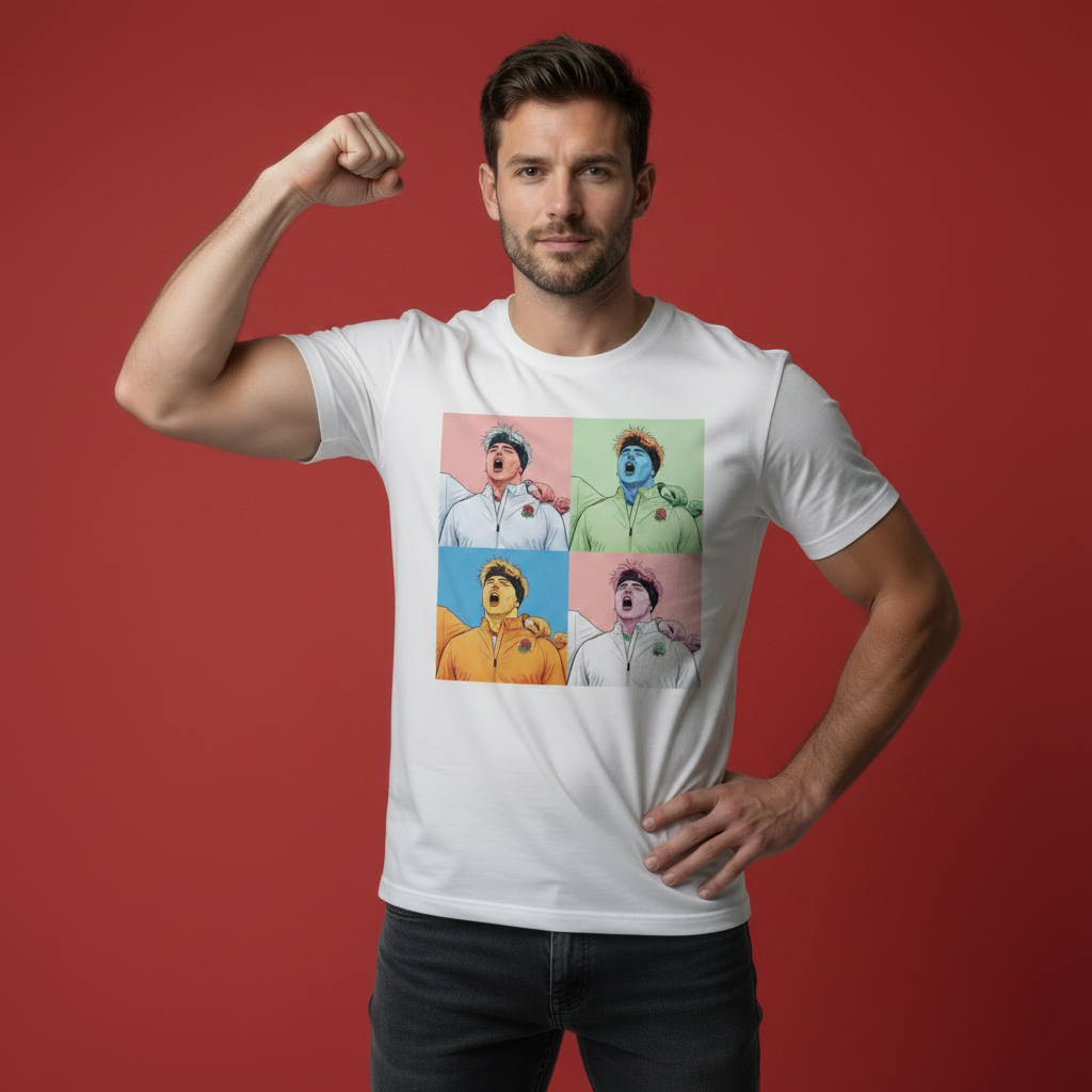 Front view of a white rugby t-shirt featuring Henry Pollock being modelled by an England fan showing his right bicep on a red background