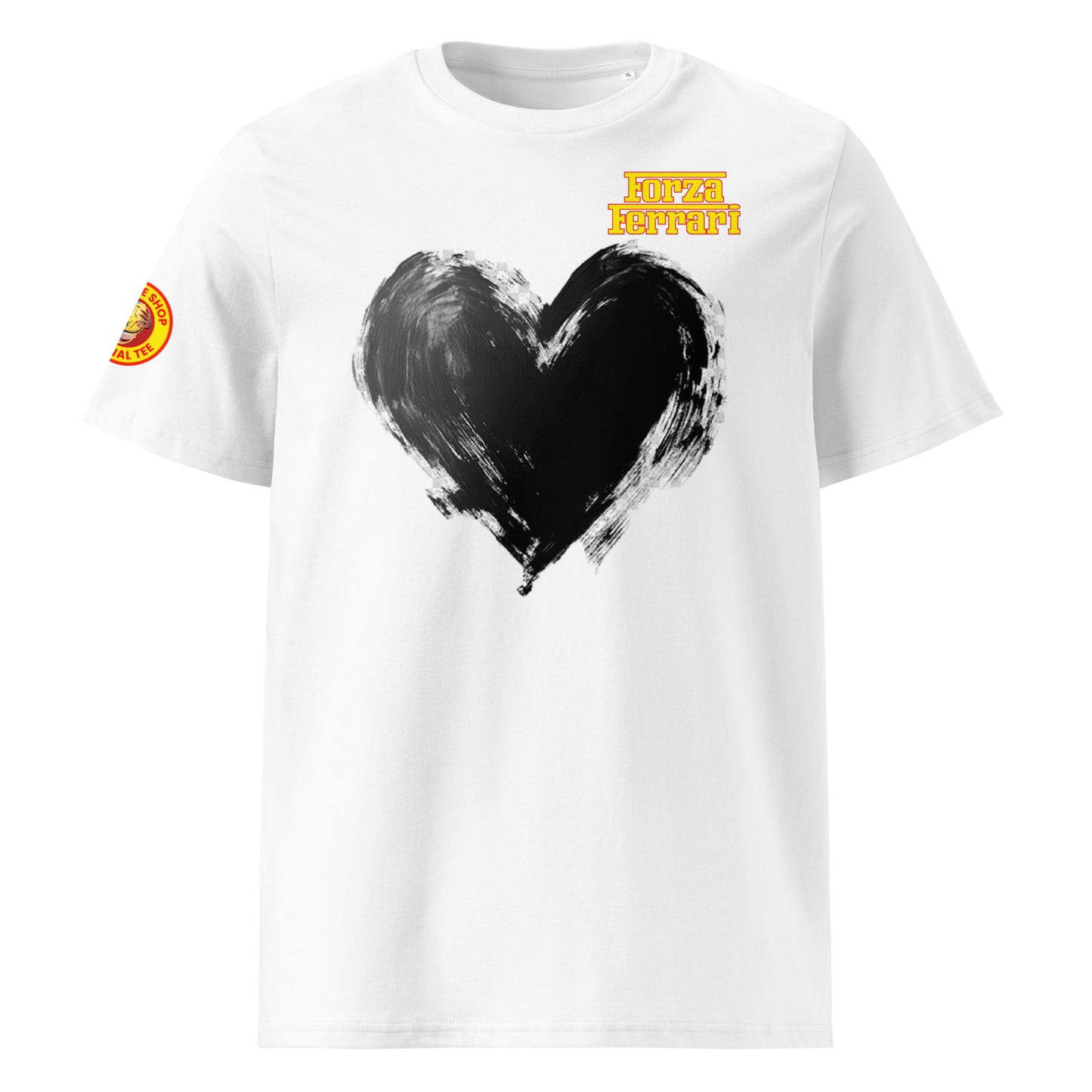 This unique design is for customers of TheTeeShop and especially for fans of Ferrari and Formula 1. A crisp white t-shirt with a large black heart and the words Forza Ferrari in Yellow and red accents. This shirt is a great gift for both men and women.