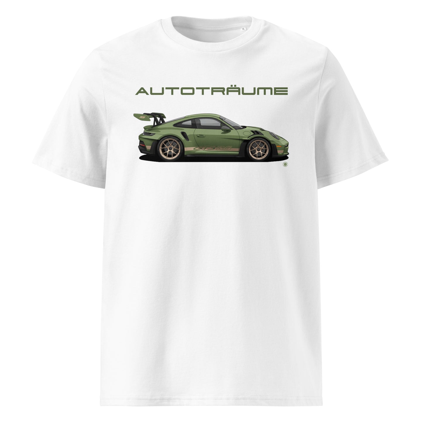 White unisex organic cotton t-shirt with olive green Porsche GT3 RS illustration and “AUTOTRÄUME” text. TheTeeShop Porsche Collection exclusive.