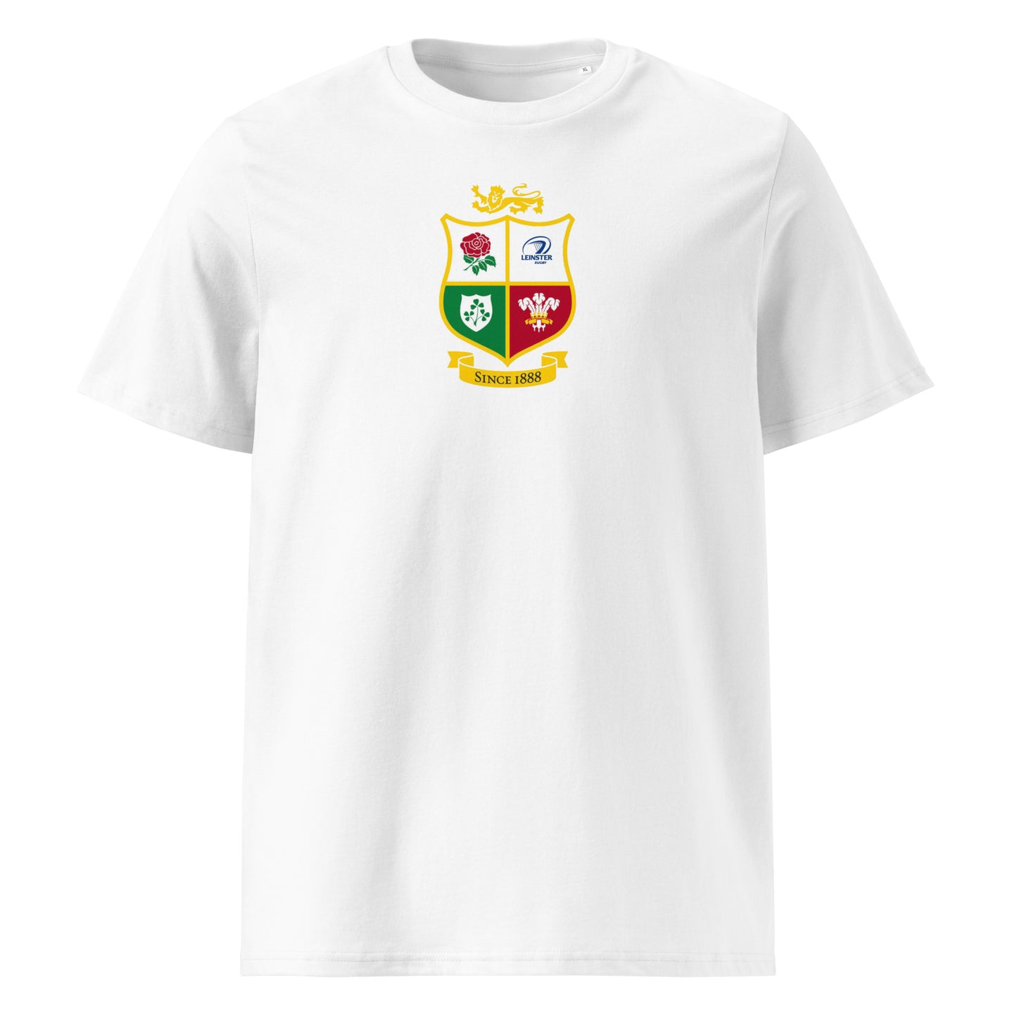 British and Irish Lions t-shirt for Leinster rugby fans. Front view of the white t shirt with a crest with a twist.