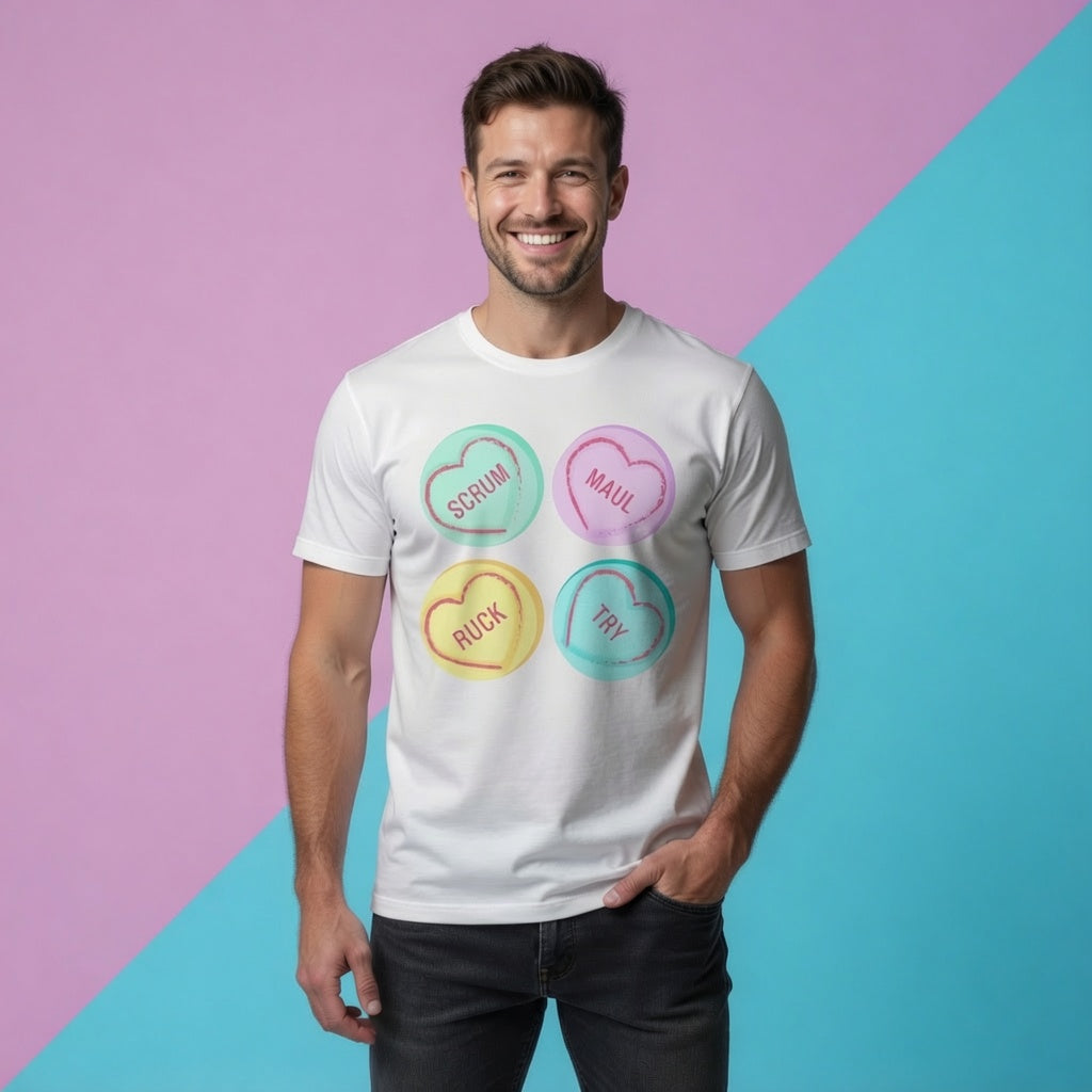 Male model showing the men’s fit of the white Rugby Love Hearts t‑shirt with colourful love-heart rugby design on the chest