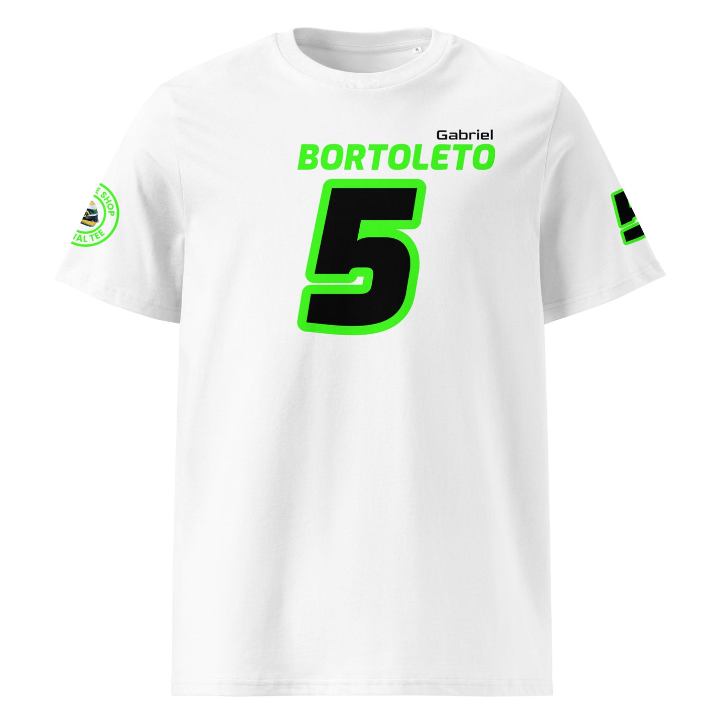 View the front of the white Gabriel Bortoleto T-Shirt, featuring "BORTOLETO" and the number "5" in bright green. Perfect for F1 fans and petrol heads.