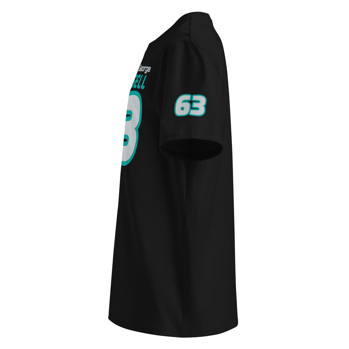 See the left sleeve of the black George Russell T-Shirt, featuring the number "63". Ideal for car meets and shows.