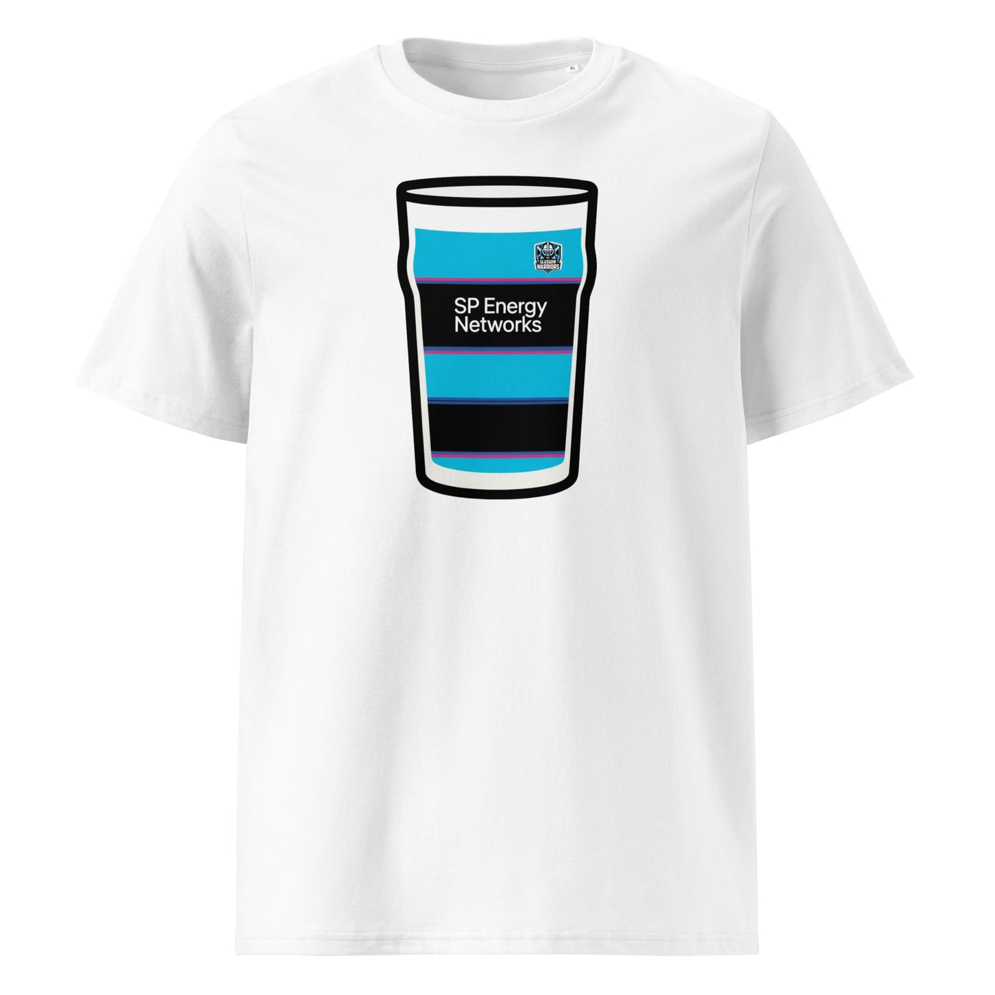 White Glasgow Warriors European Mega Pint Rugby T-Shirt with light blue and black pint glass graphic, SP Energy Networks sponsor detail and Glasgow Warriors crest.