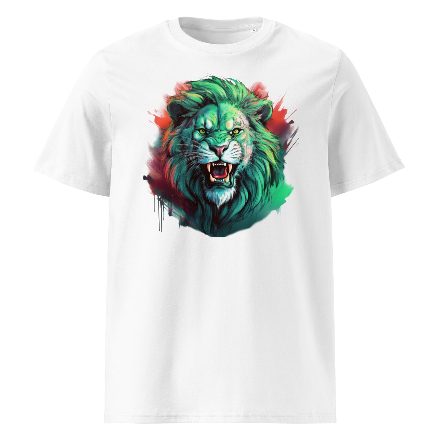 Front of the t-shirt showing a bold green lion roaring with red and black accents on a white background – perfect for Irish rugby and Lions Tour fans.