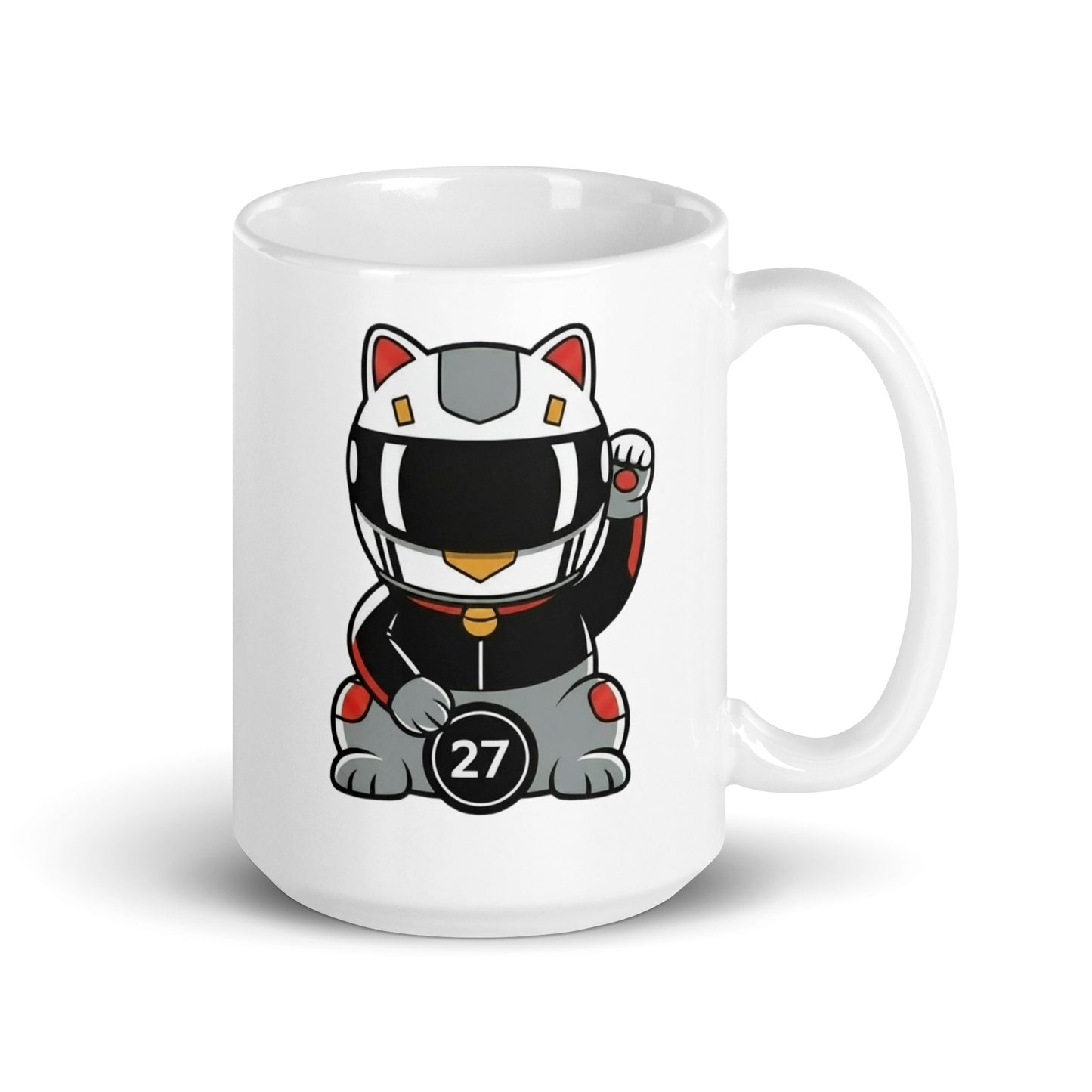 Glossy ceramic mug with a helmeted lucky cat in dark kit holding a #27 coin ideal for fans who know the pain and still show up.