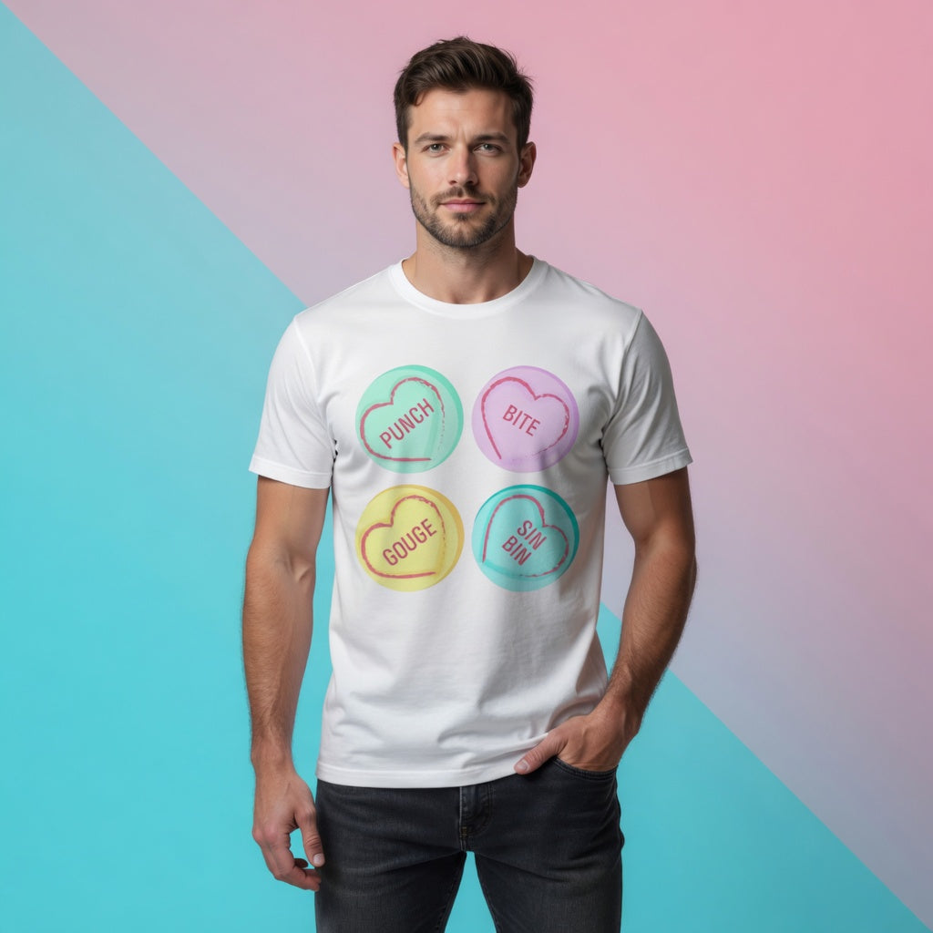Male model styled casually in a white rugby love hearts t‑shirt featuring Punch, Bite, Gouge and Sin Bin heart print