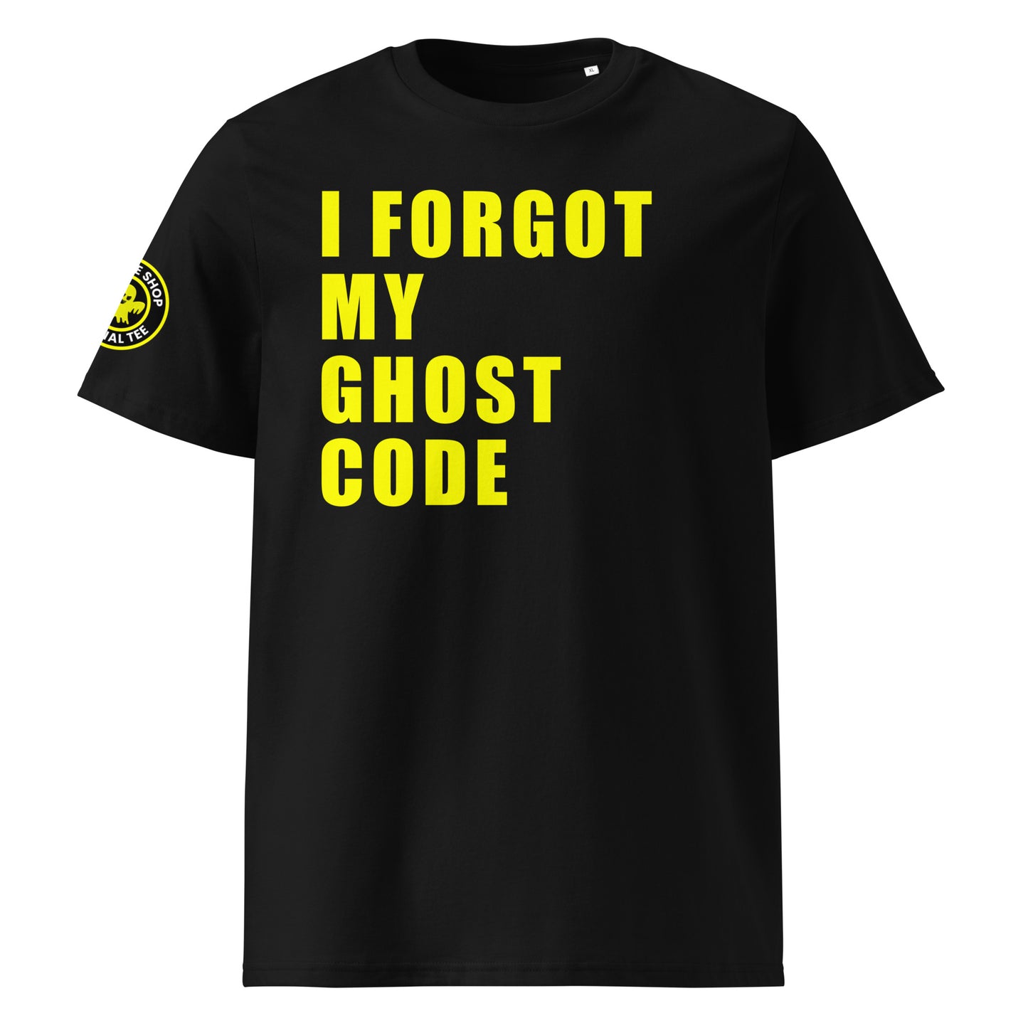 Front view of black unisex t-shirt with bold yellow “I FORGOT MY GHOST CODE” slogan in large font across the chest. DTF print, perfect for Ghost immobiliser users and car meet fans.
