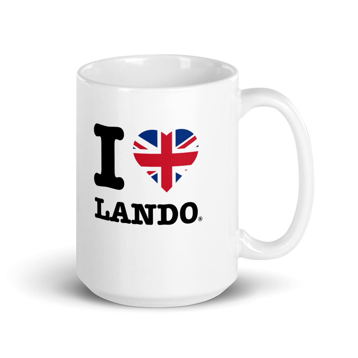 White mug with 'I ❤️ Lando' design featuring a heart with British flag colors on a white background