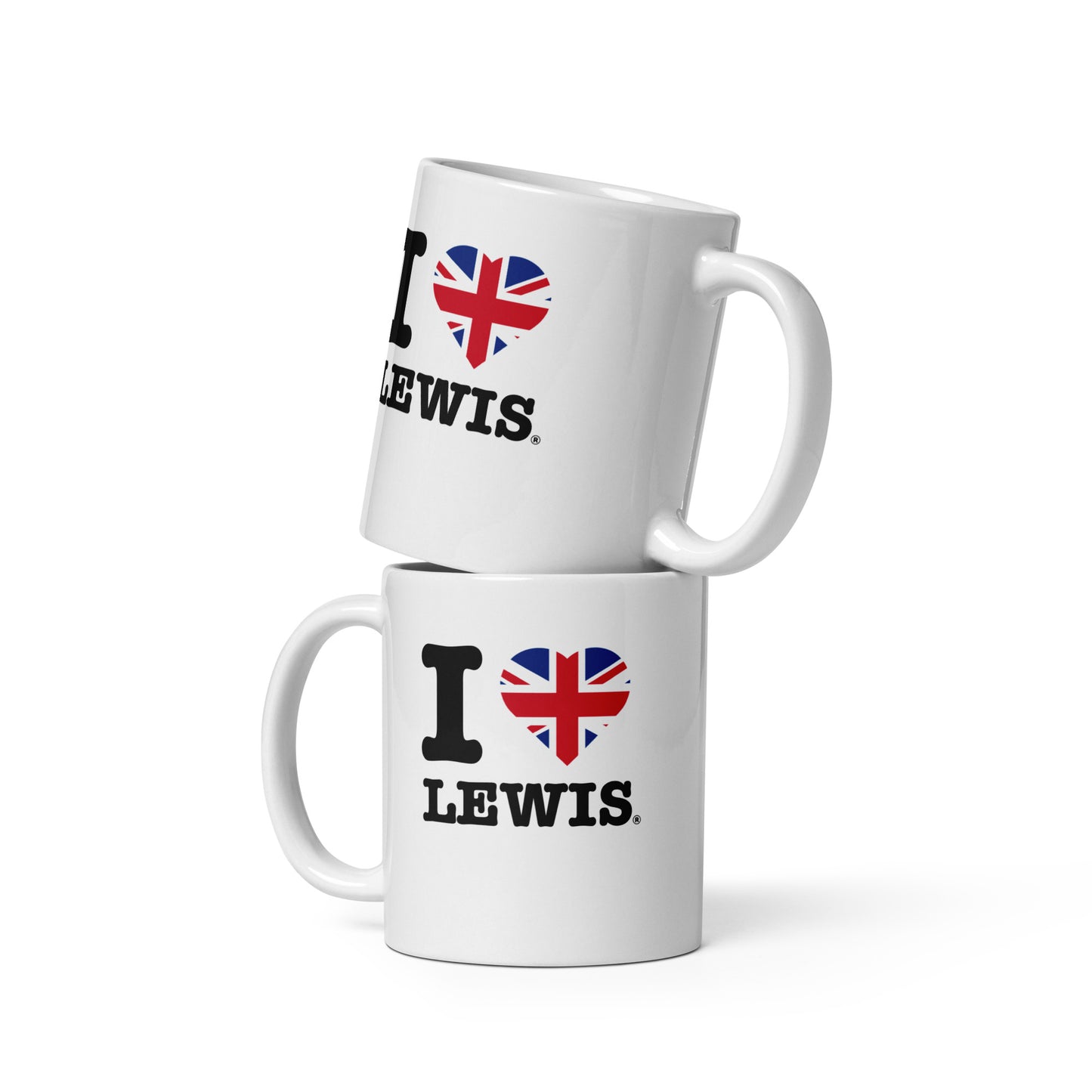 A front view showing the I love lewis 11oz mug with union jack in the shape of a heart - ideal for lewis hamilton fans.