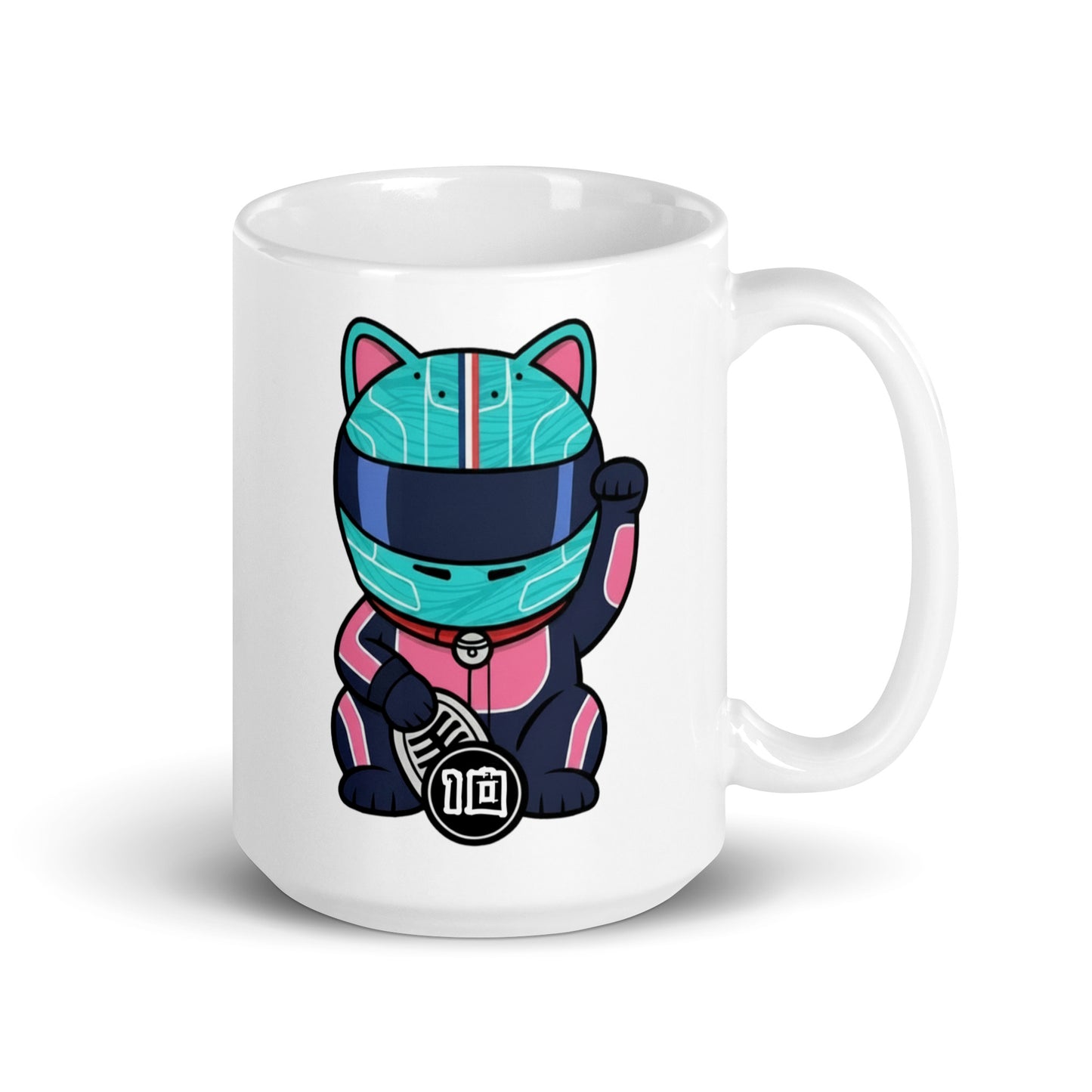 Racing fan mug with pink/blue helmet lucky cat illustration and #10 coin—great gift for early GP alarms, sleepovers, and subtle support on video calls.