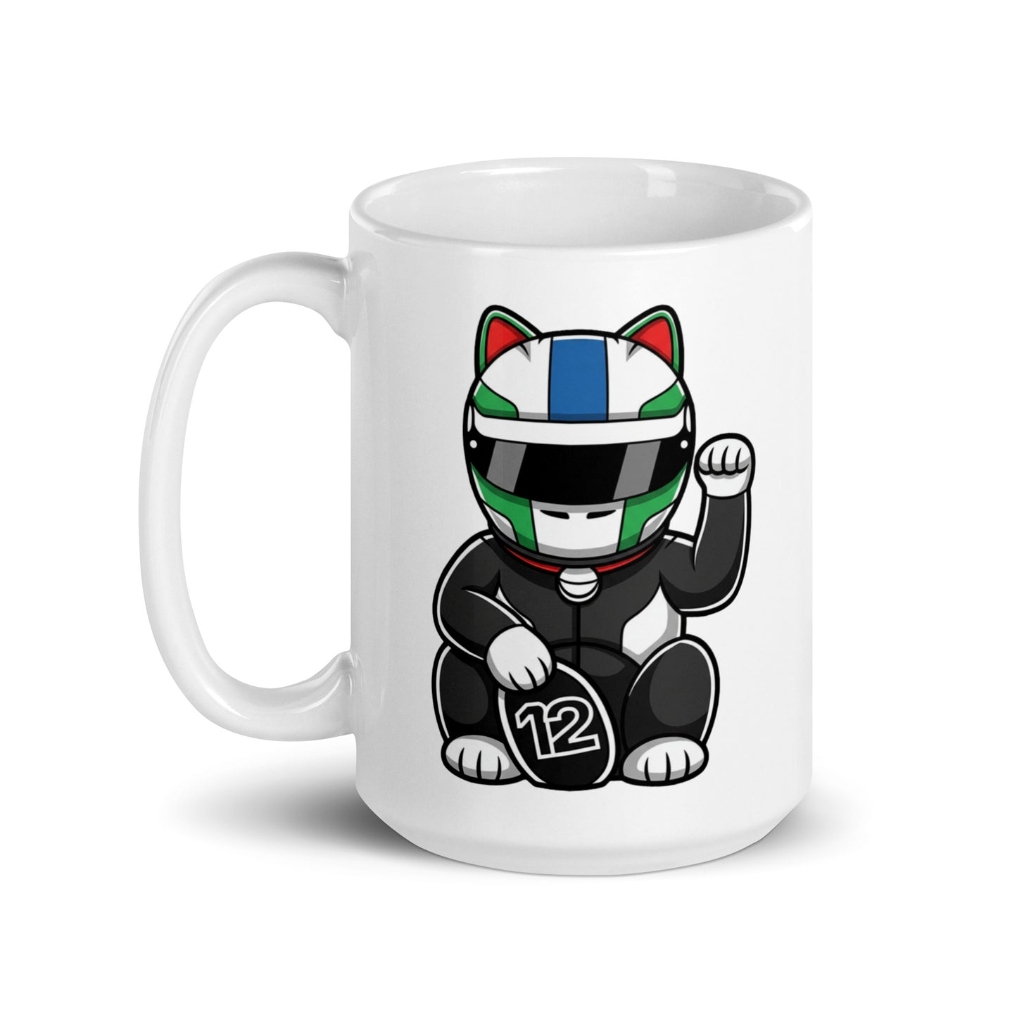Racing fan mug with Italian-flag helmet lucky cat illustration and #12 coin great gift for early GP alarms, sleepovers, and subtle support on video calls.
