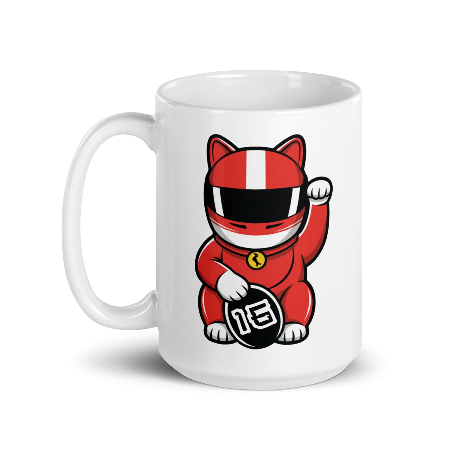 Racing fan mug with red helmet lucky cat illustration and #16 coin great gift for early GP alarms, sleepovers, and subtle support on video calls.