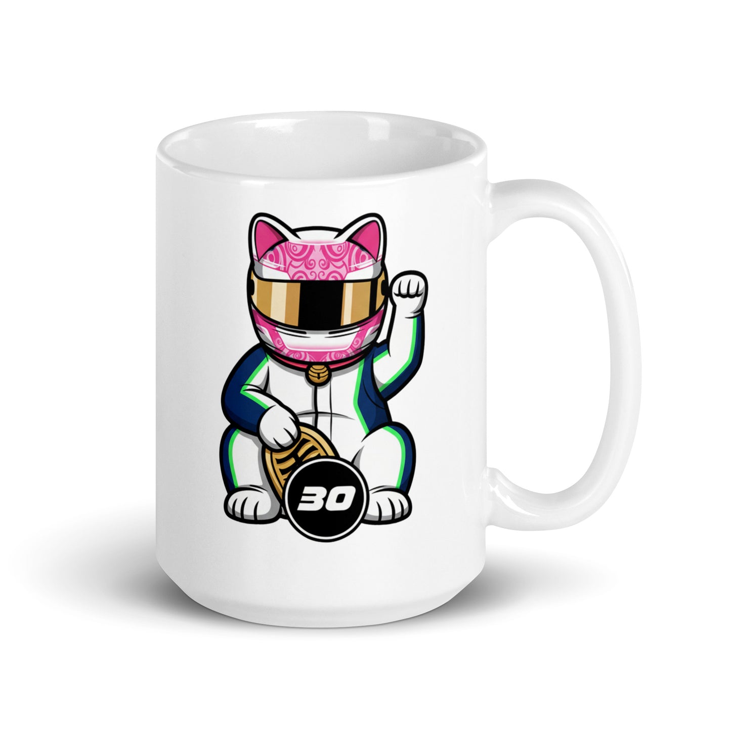 Racing fan mug with white/pink helmet lucky cat illustration and #30 coin great gift for early GP alarms, race weekends, and subtle video-call support.