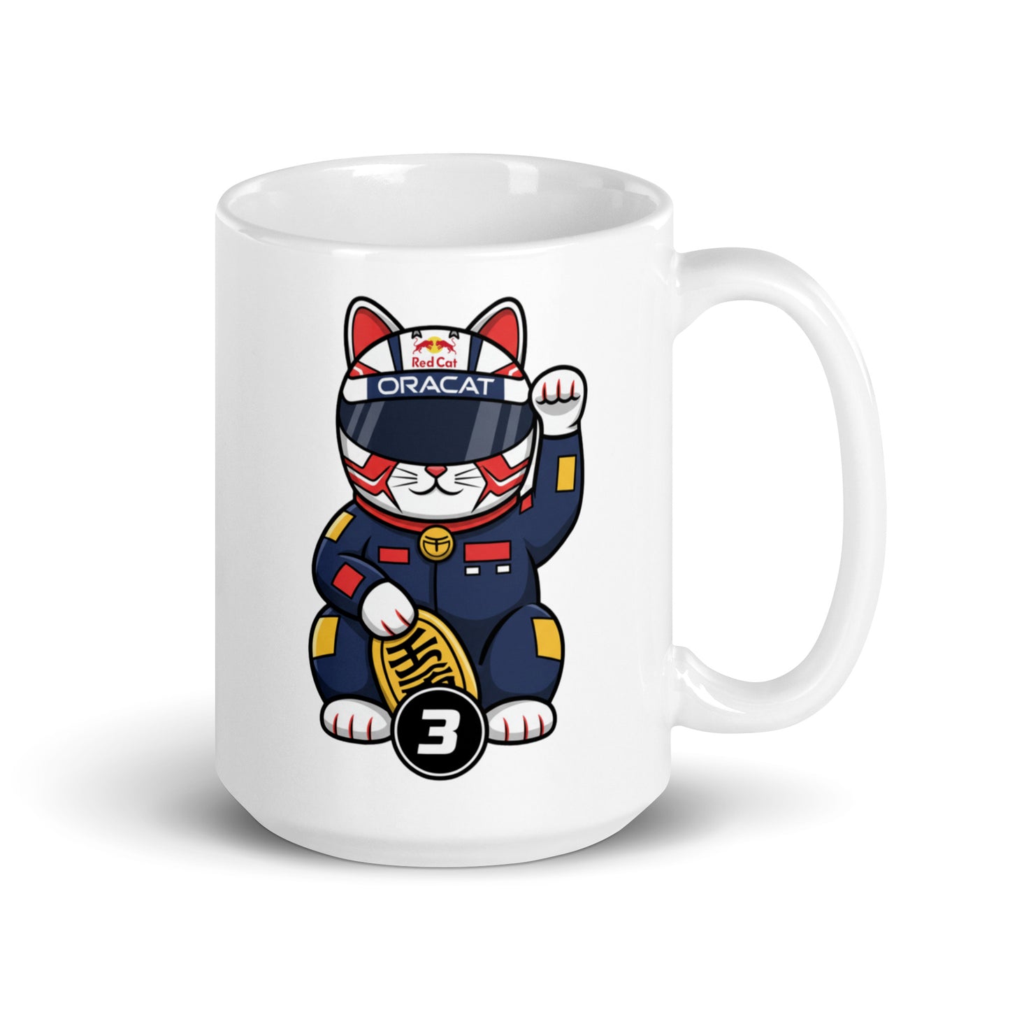 Racing fan mug with dark helmet lucky cat illustration and #3 coin great gift for race weekends, sleepovers, and subtle support on video calls.