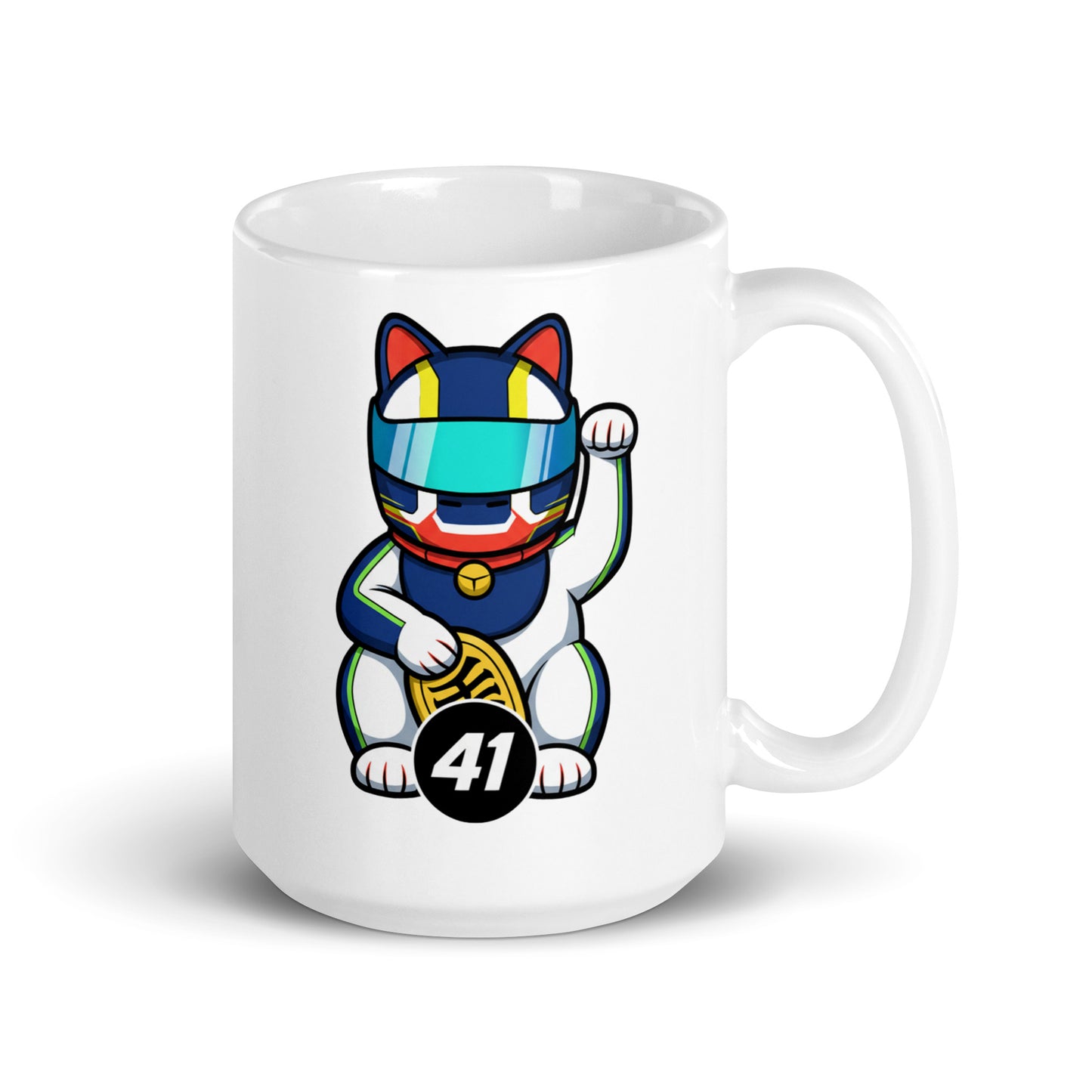 Racing fan mug with white/blue helmet lucky cat illustration and #41 coin great gift for early GP alarms, sleepovers, and subtle video-call support.