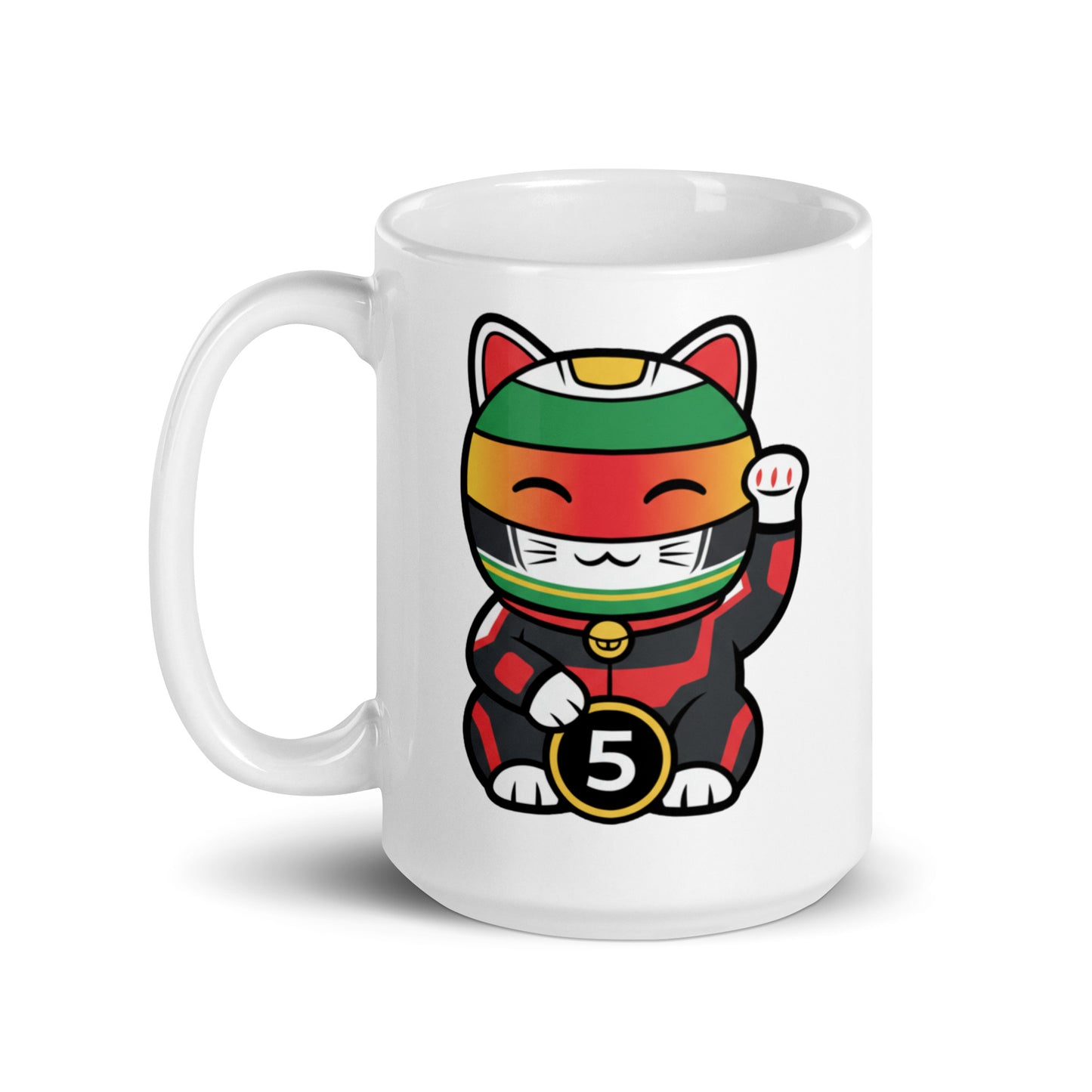 Racing fan mug with green/yellow helmet lucky cat illustration and #5 coin—great gift for early GP alarms, race weekends, and subtle video-call support.