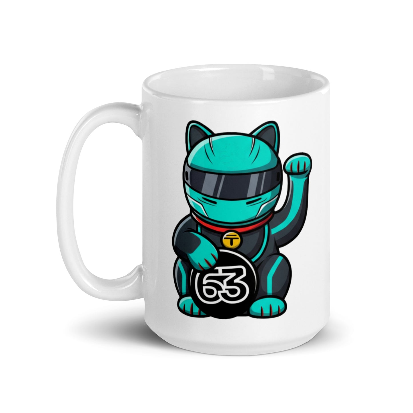 Racing fan mug with teal helmet lucky cat illustration and #63 coin great gift for early GP alarms, sleepovers, and subtle support on video calls.