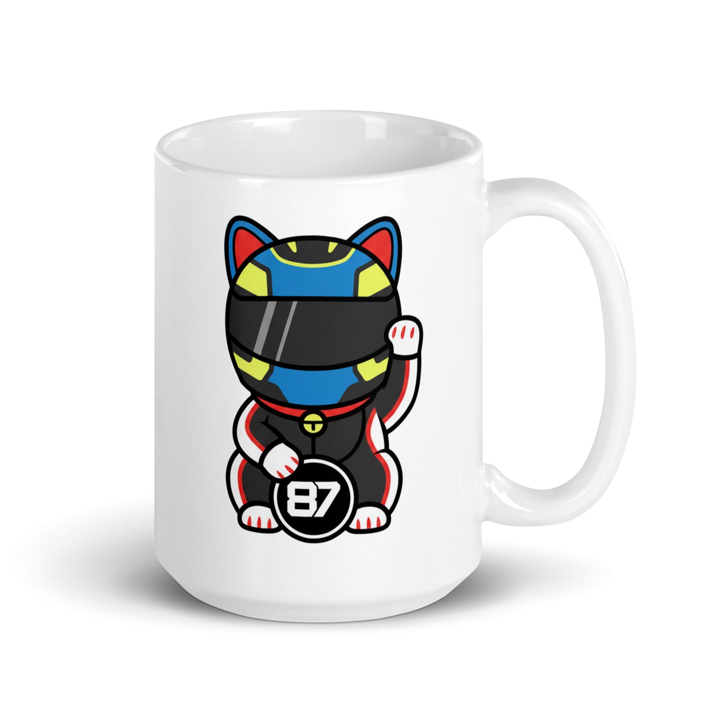 Racing fan mug with black/bright helmet lucky cat illustration and #87 coin great gift for early GP alarms, race weekends, and subtle video-call support.