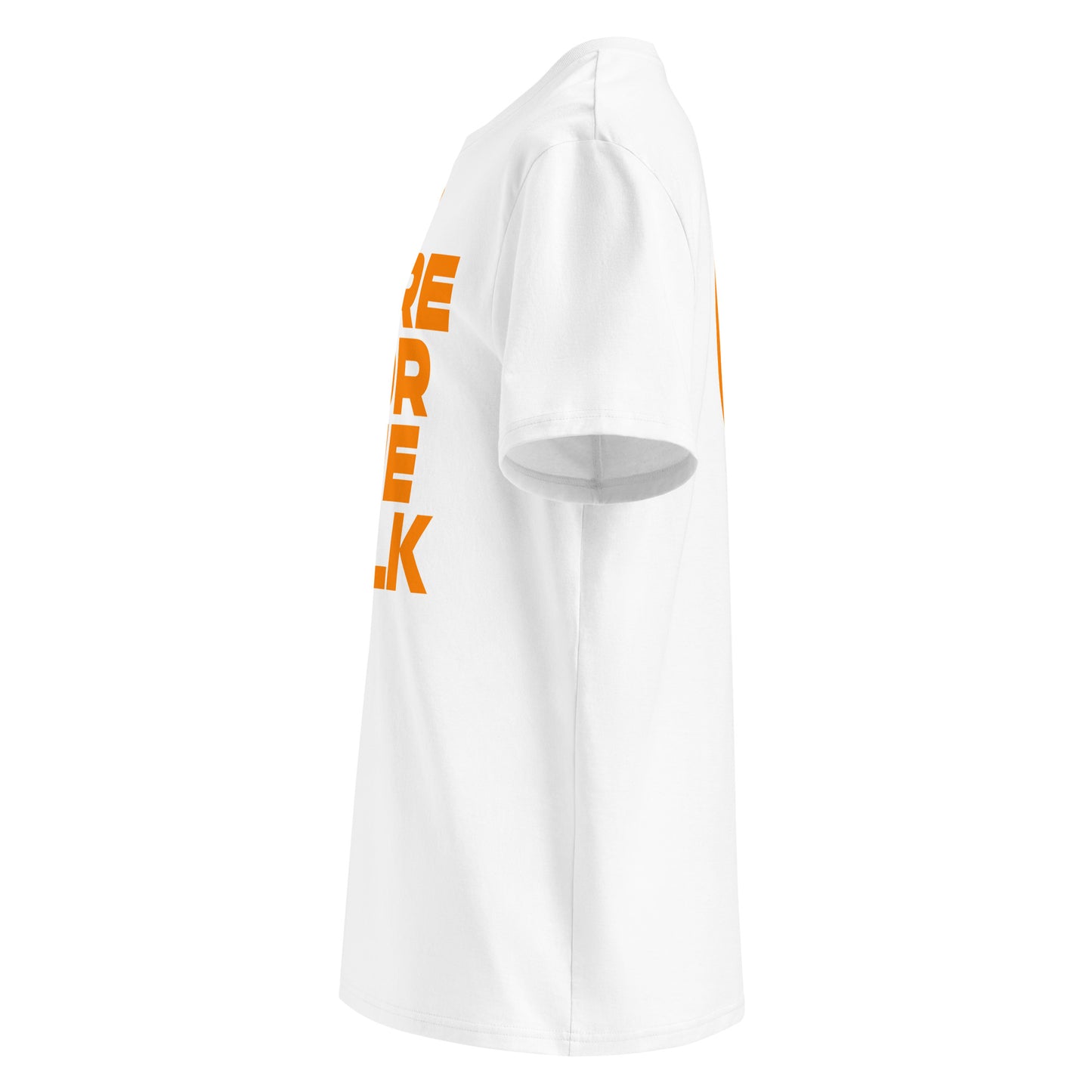 Left sleeve view of the white Indy 500 “Here for the Milk” T-Shirt highlighting the circular logo patch.