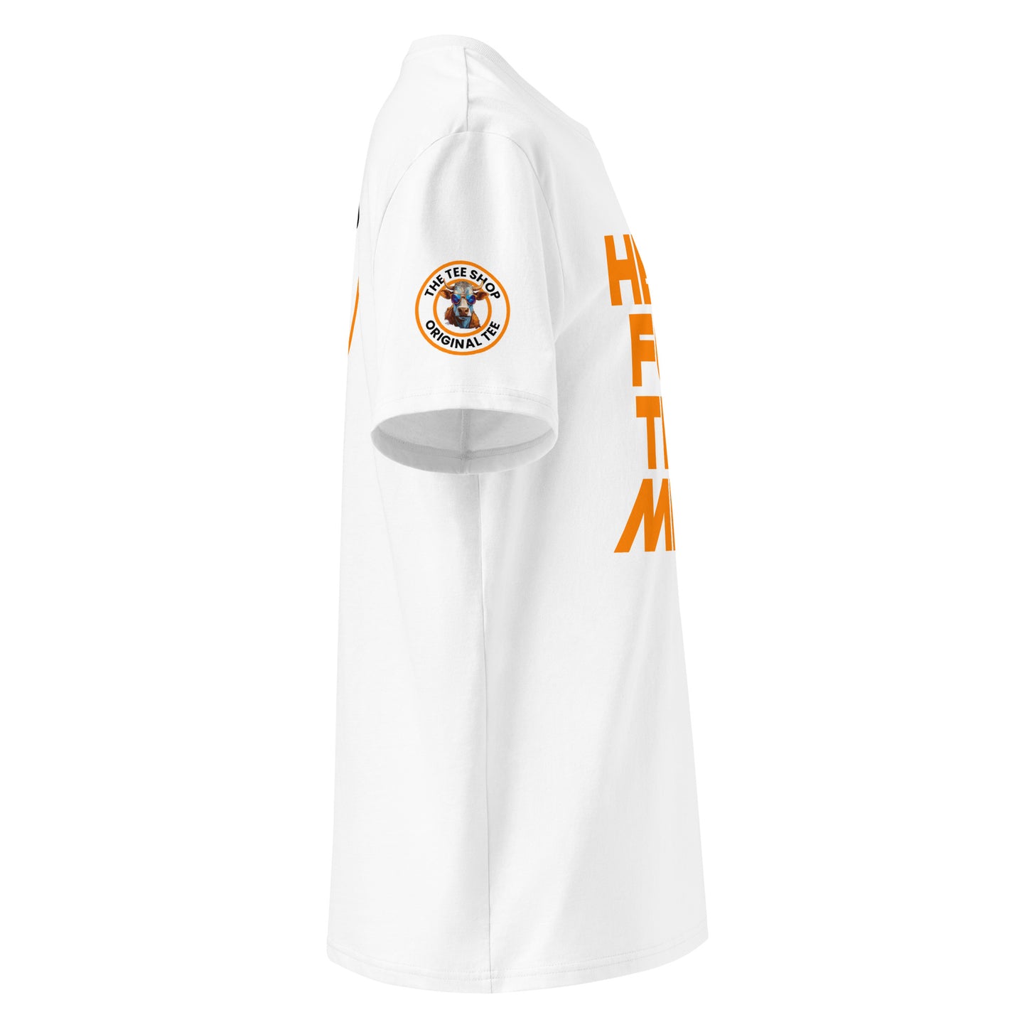 Right sleeve view of the white Indy 500 “Here for the Milk” T-Shirt showcasing TheTeeShop logo with a McLaren-themed graphic.