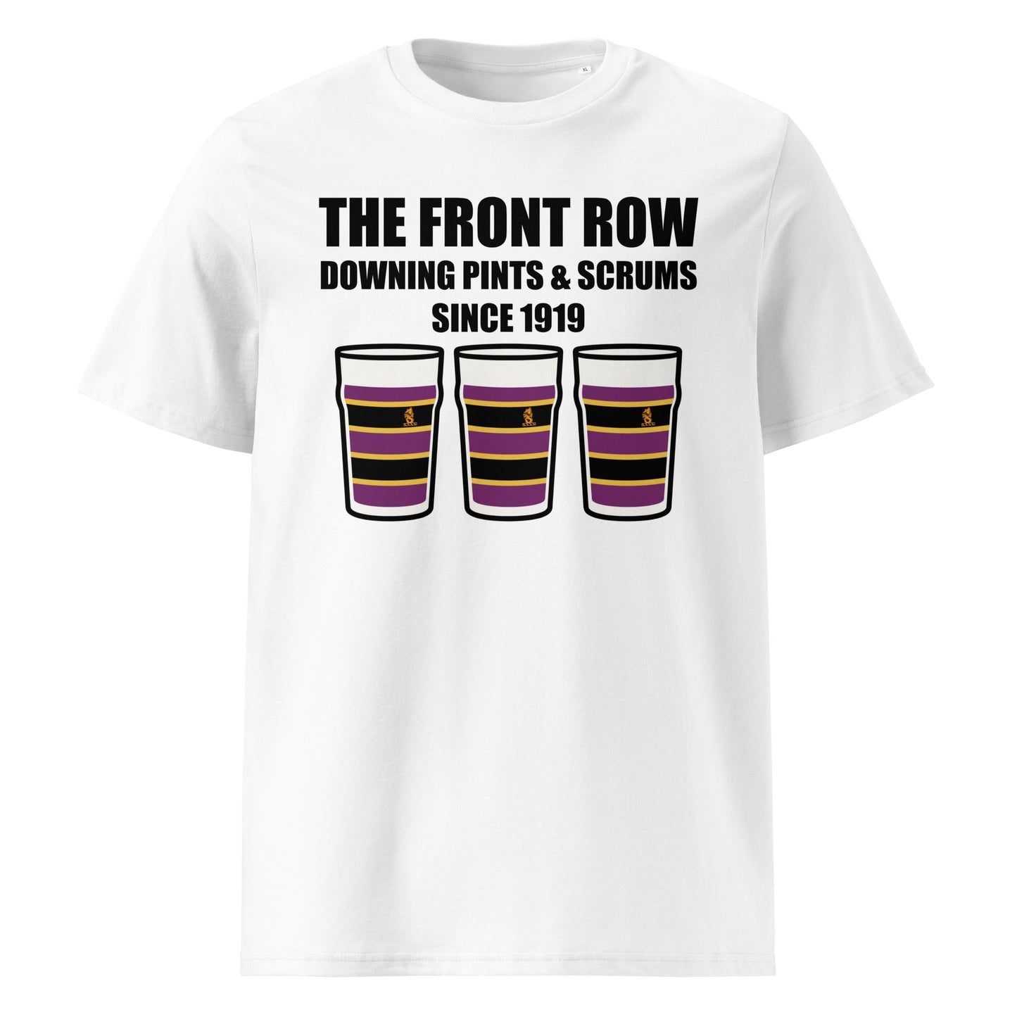 White Instonians RFC rugby t-shirt with black slogan text reading The Front Row Downing Pints & Scrums Since 1919 and three pint glasses in yellow and black striped club colours.