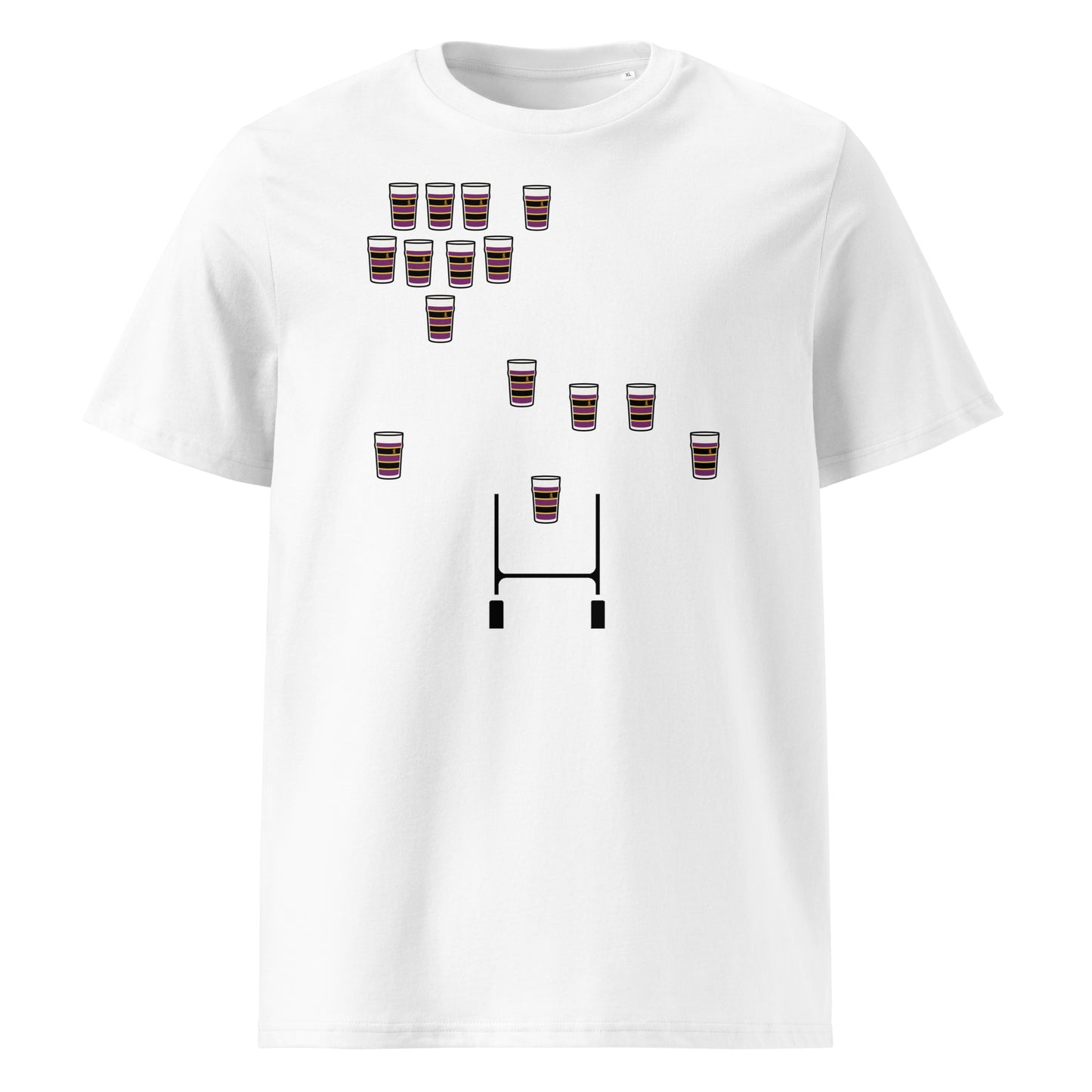 White Instonians rugby t-shirt featuring purple and gold striped pint glasses arranged in a rugby team formation above rugby posts.