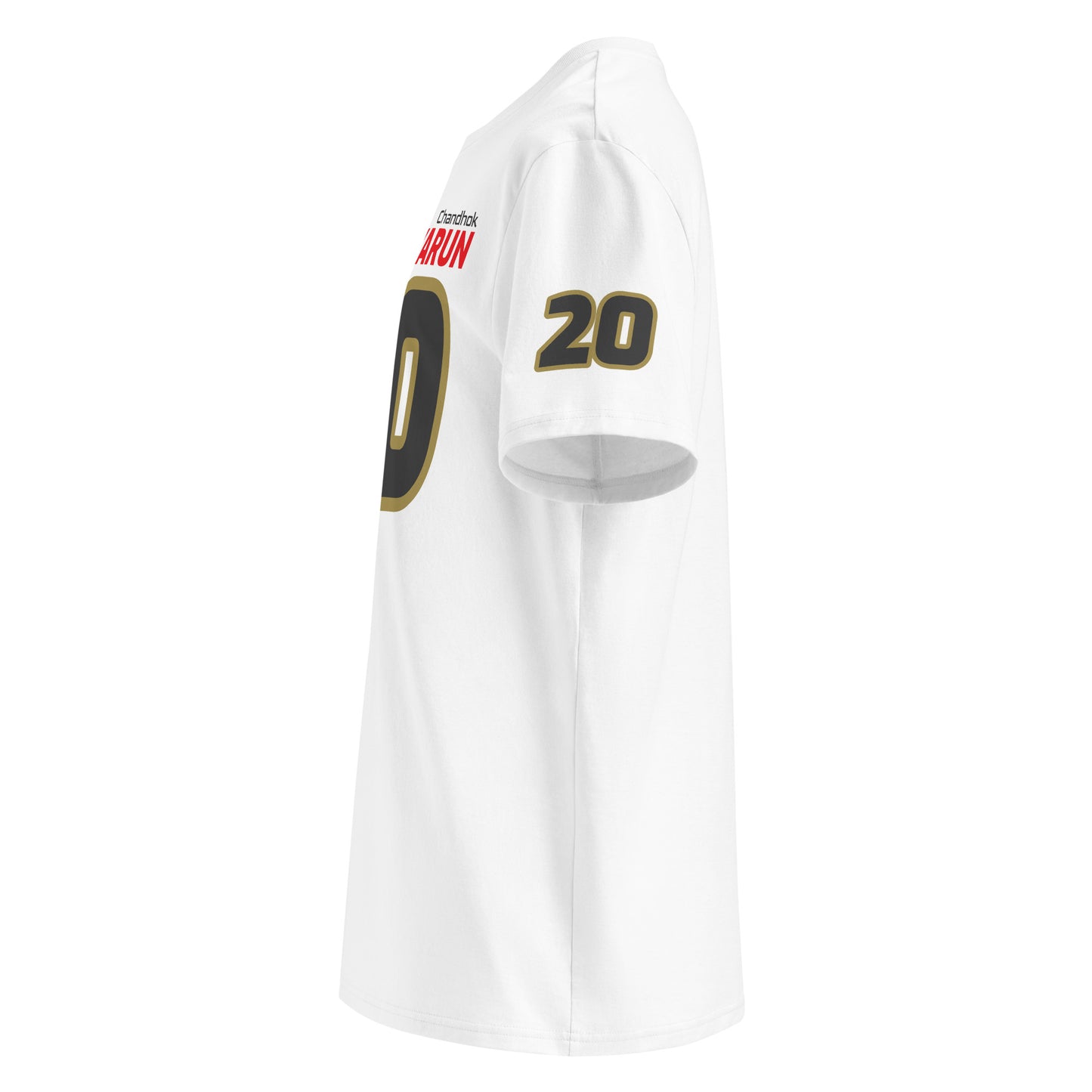 Left sleeve view of the Karun Chandhok T-Shirt in white, highlighting the number 20.
