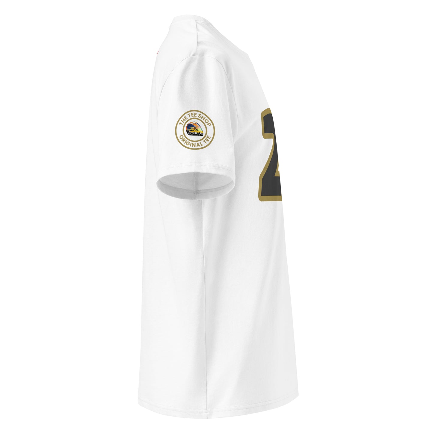 Right sleeve view of the Karun Chandhok T-Shirt in white, showcasing TheTeeShop logo with a unique image correlating to Karun Chandhok.