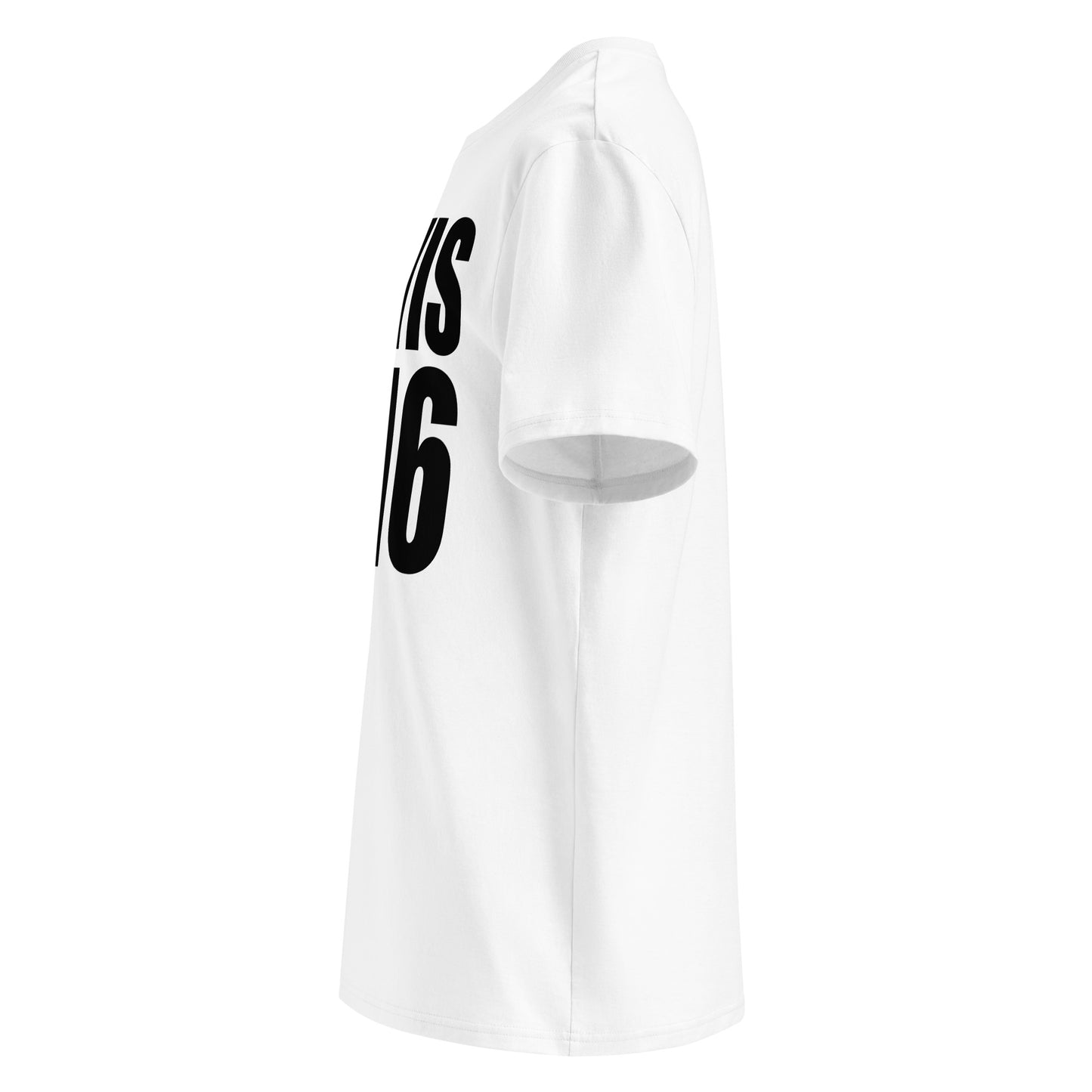 Left side view of white unisex t-shirt, plain sleeve, visible side of the black LEWIS 3:16 chest print. Minimalist, retro-inspired F1 fan style.