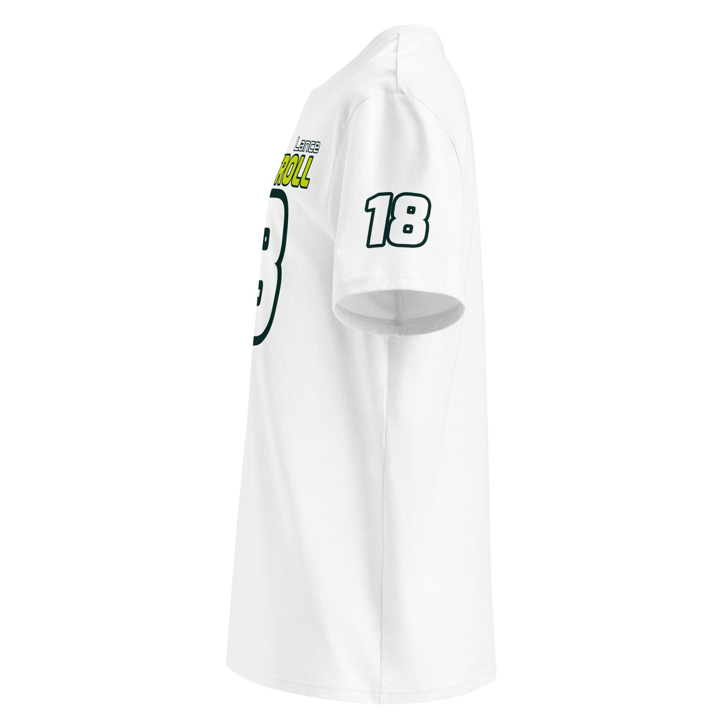 See the left sleeve of the white Lance Stroll T-Shirt, featuring the number "18". Ideal for car meets and shows.