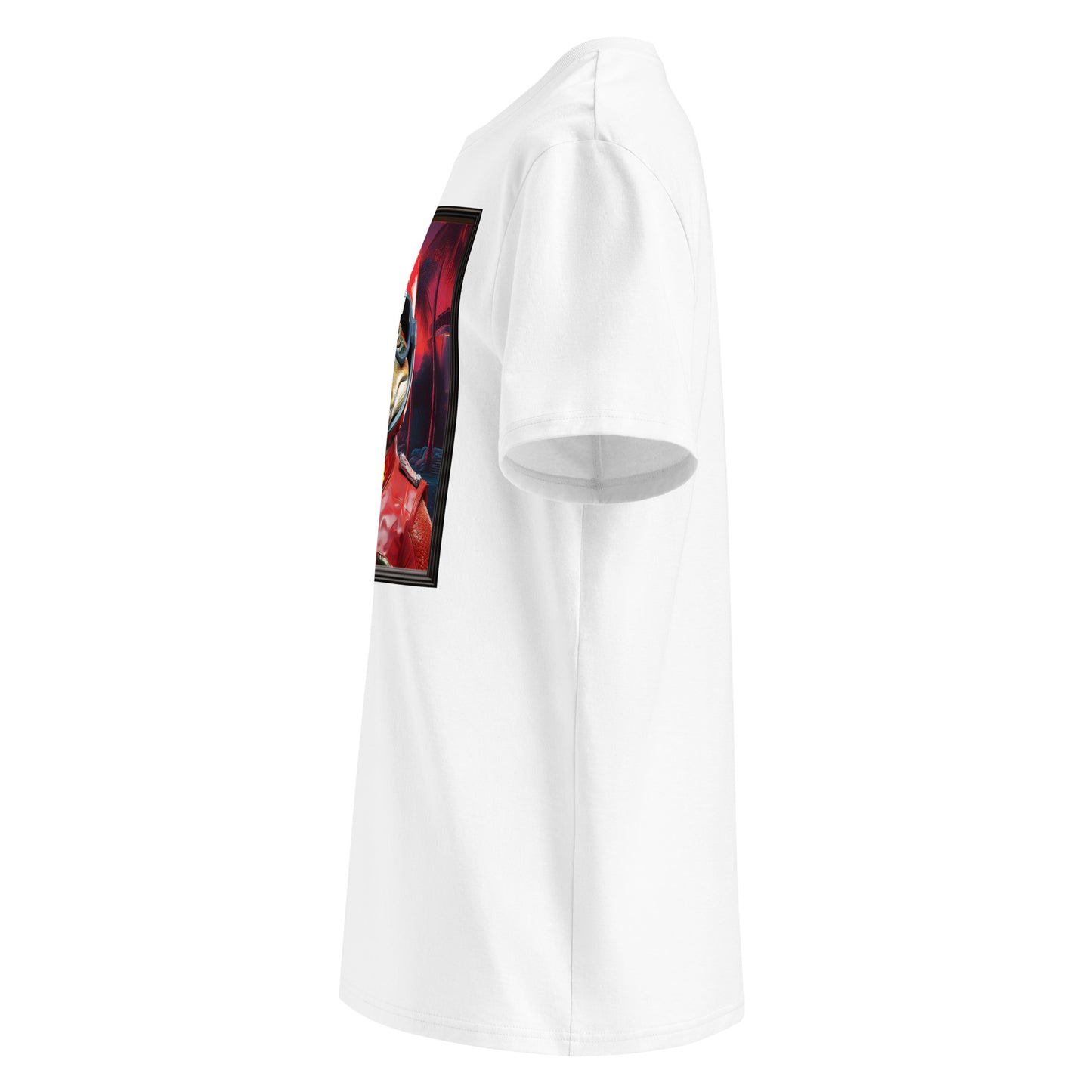 Left side view of our Ferrari F1 Miami Grand Prix t-shirt, featuring the alligator racer and a patch on the sleeve. Stand out with this stylish and unique t-shirt.