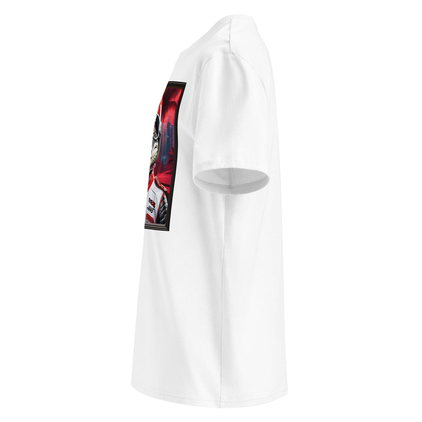 Left side view of our Haas F1 Miami Grand Prix t-shirt, featuring the alligator racer and a patch on the sleeve. Stand out with this stylish and unique t-shirt.