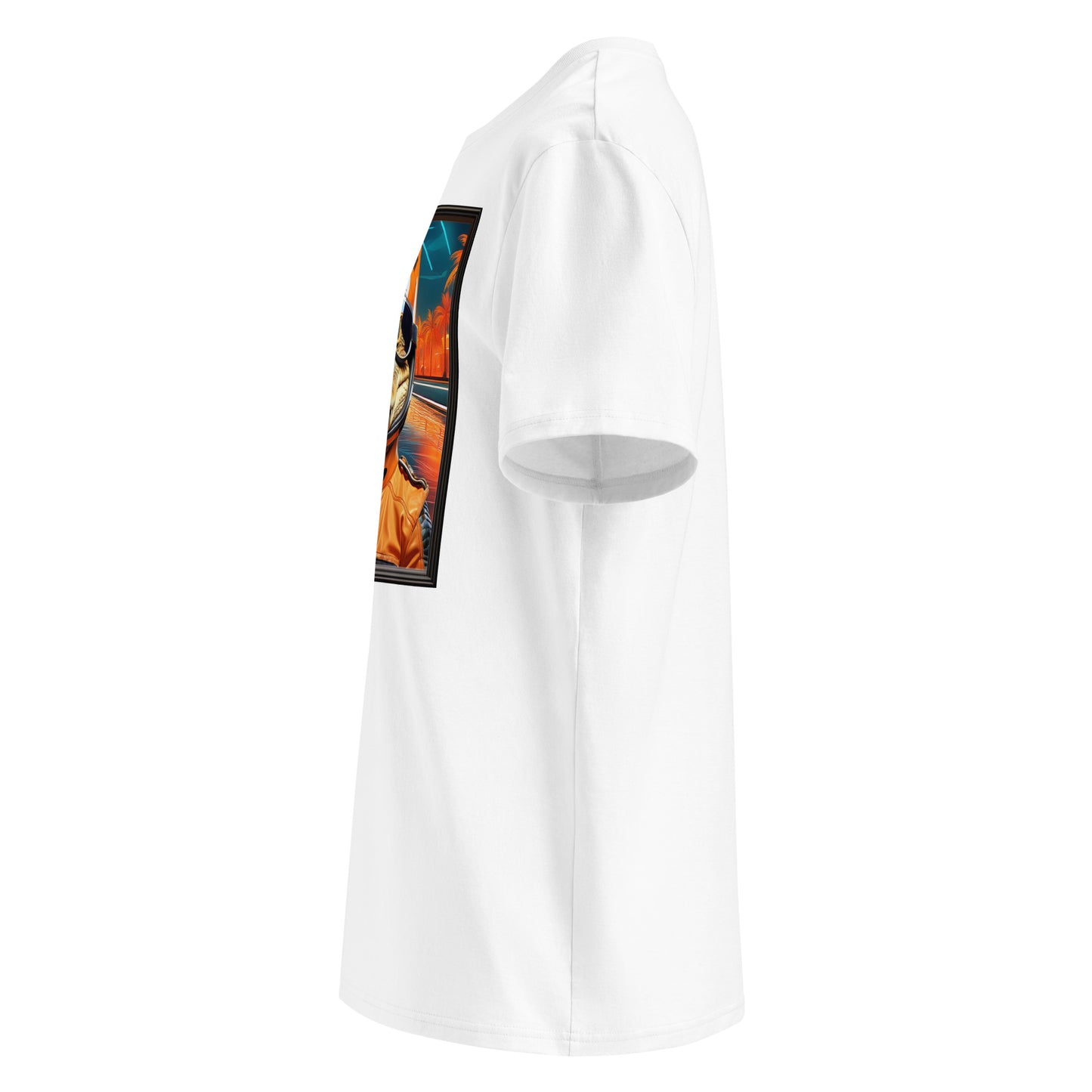 Left side view of our McLaren F1 Miami Grand Prix t-shirt, featuring the alligator racer and a patch on the sleeve. Stand out with this stylish and unique t-shirt.