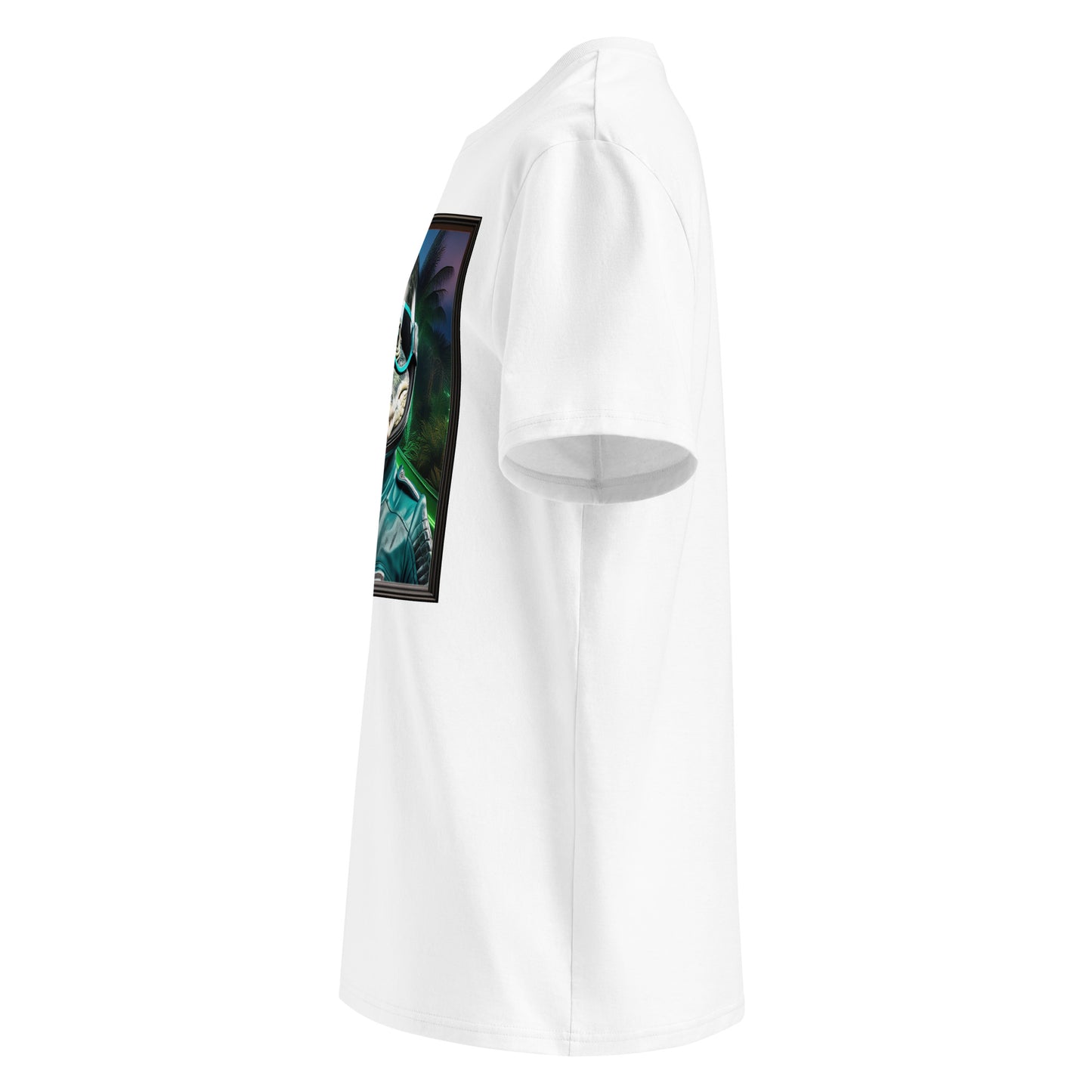 Left side view of our Mercedes F1 Miami Grand Prix t-shirt, featuring the reptilian racer and a patch on the sleeve. Stand out with this stylish and unique t-shirt.