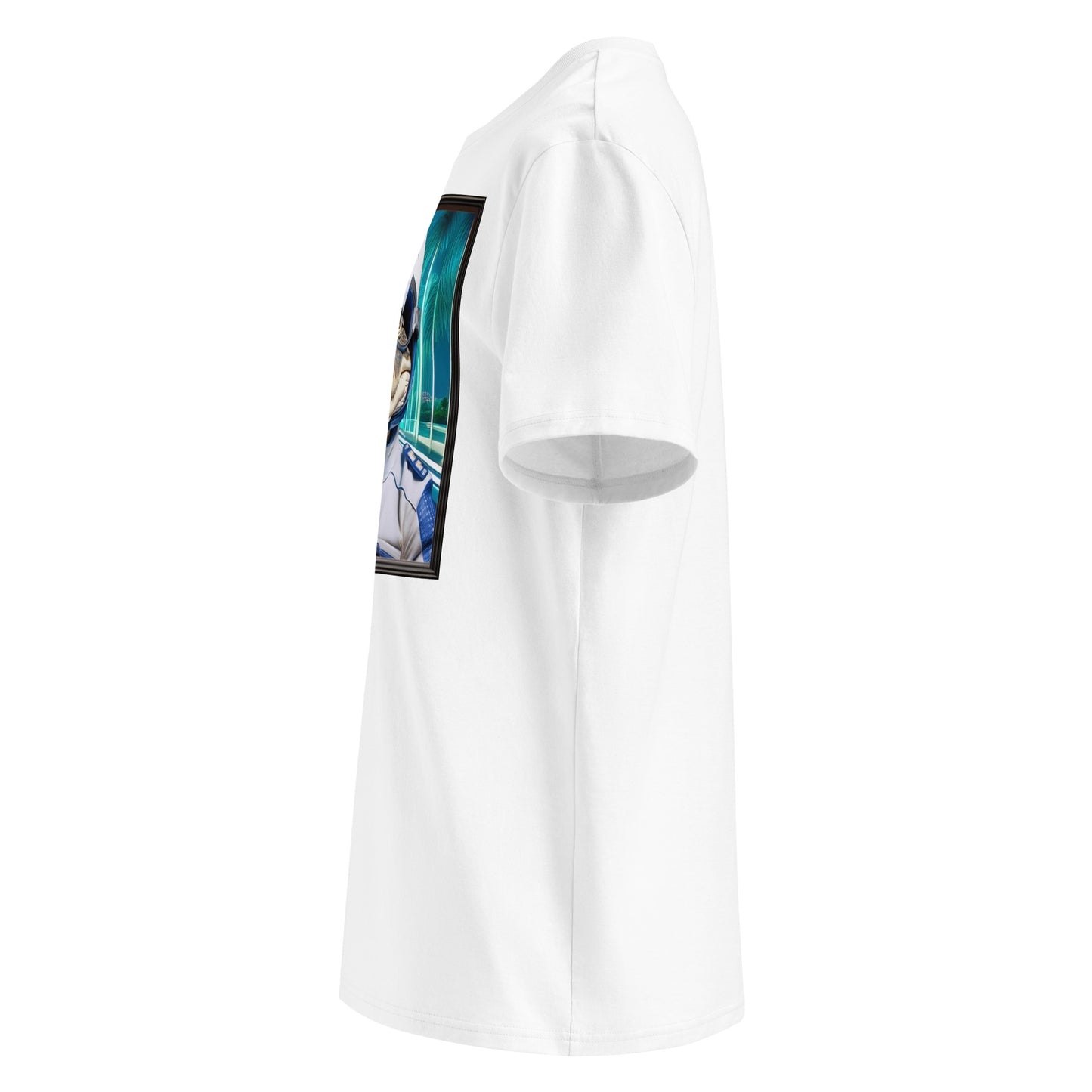 Left side view of our Racing Bulls F1 Miami Grand Prix t-shirt, featuring the alligator racer and a patch on the sleeve. Stand out with this stylish and unique t-shirt.