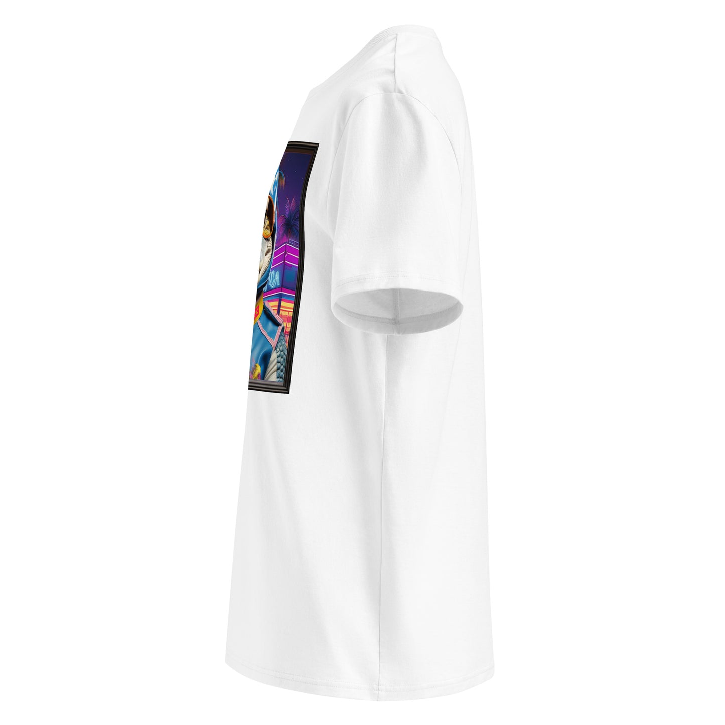 Left side view of our Red Bull Racing t-shirt, featuring the racer and an emblem on the sleeve.