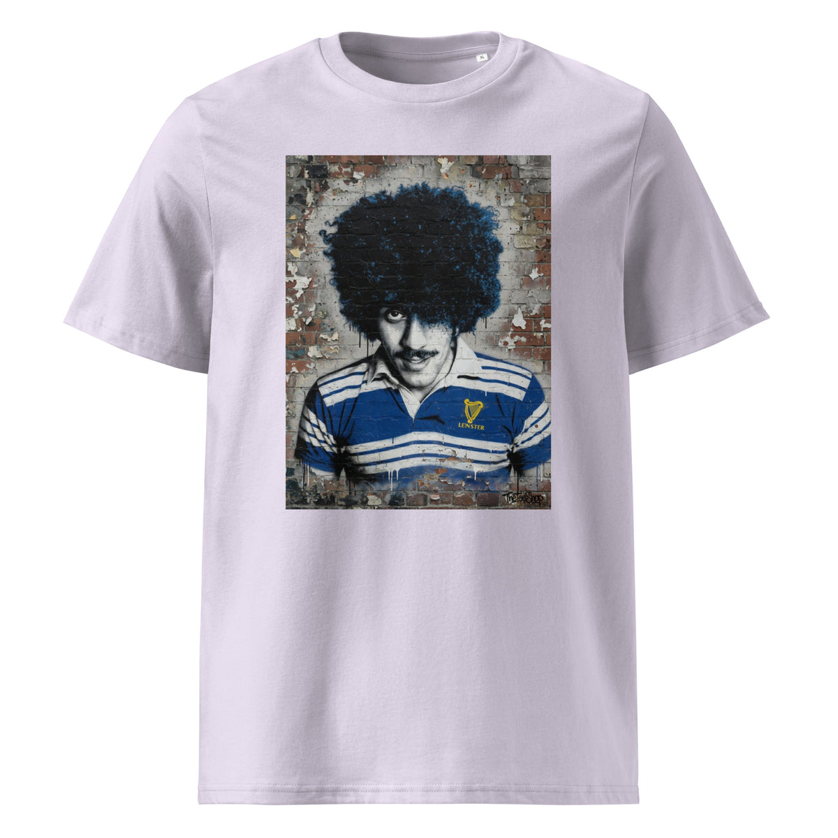 Leinster Legends Rock Poet rugby lavender t-shirt featuring Phil Lynott artwork on a red brick wall.
