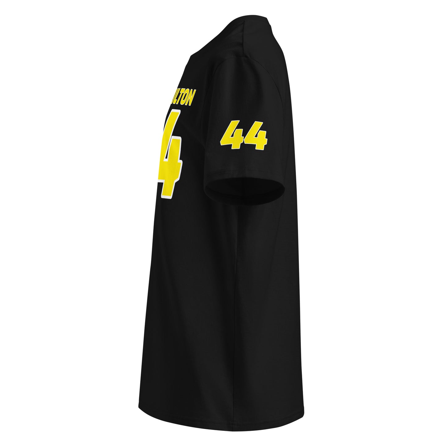 See the left sleeve of the black Lewis Hamilton T-Shirt, featuring the number "44" in Ferrari yellow. Ideal for car meets and shows.