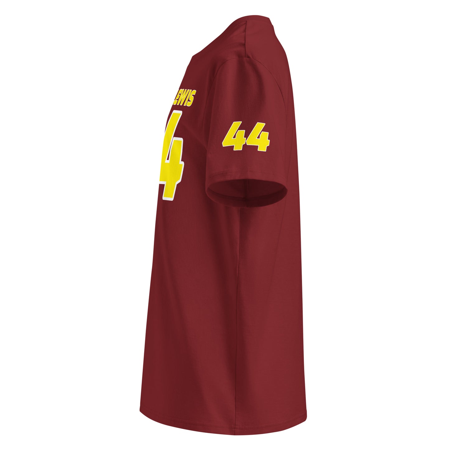 See the left sleeve of the burgundy Lewis Hamilton T-Shirt, featuring the number "44". Ideal for car meets and shows.