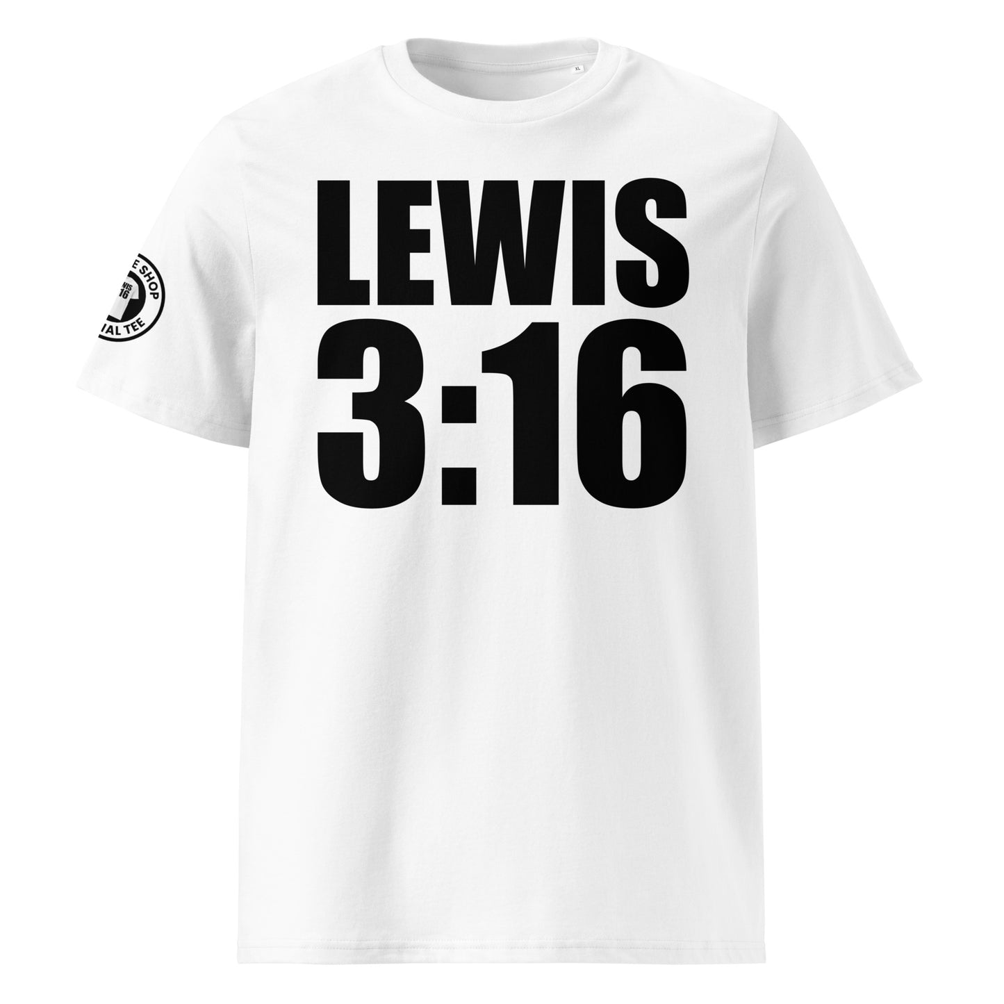 The front view showing our white Lewis Hamilton t-shirt. Black bold lettering gives this simple design a clean look.