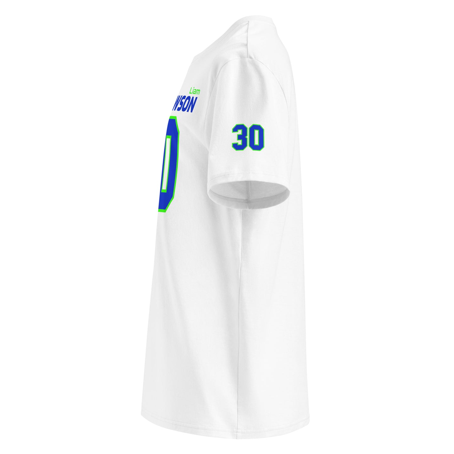 Left sleeve view of the Liam Lawson Racing Bulls T-Shirt in white, highlighting the number 30.