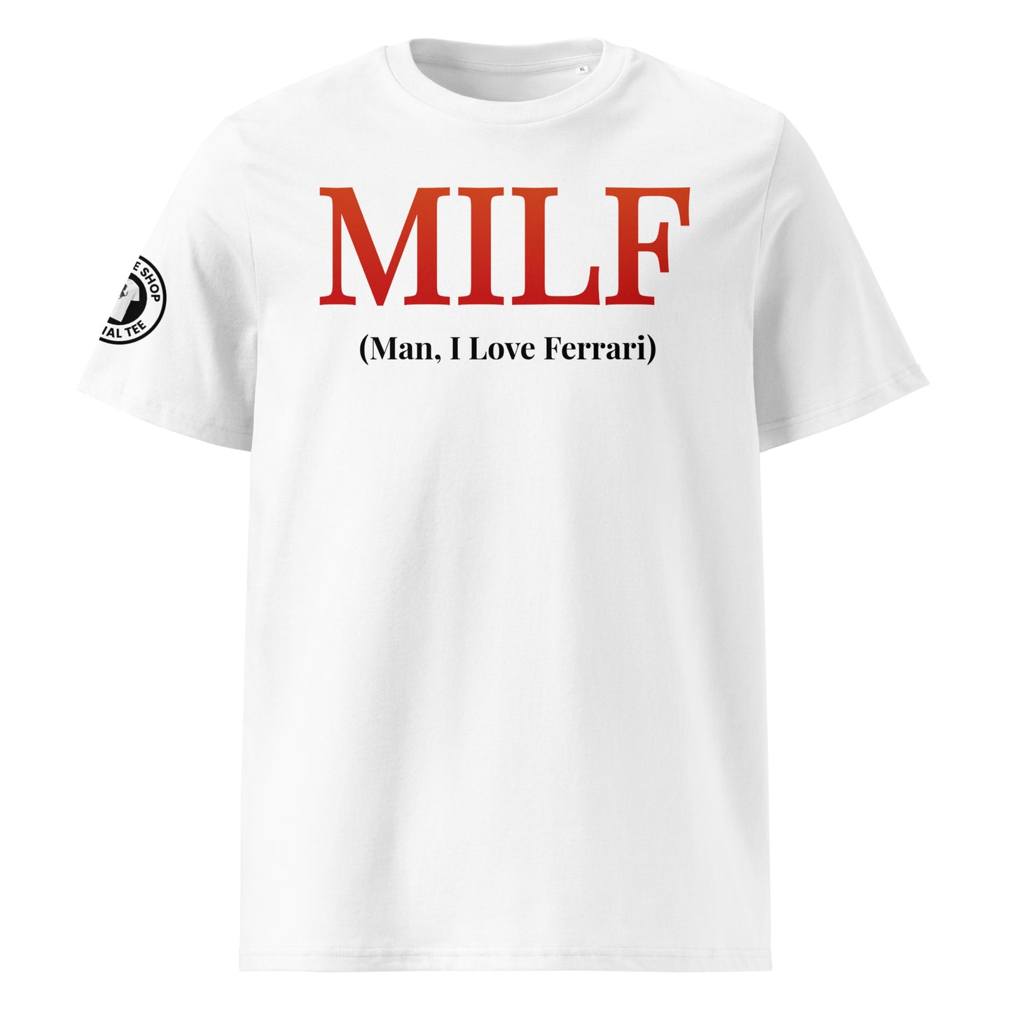 MILF Man I love Ferrari wihite t-shirt with red gradient logo front view.