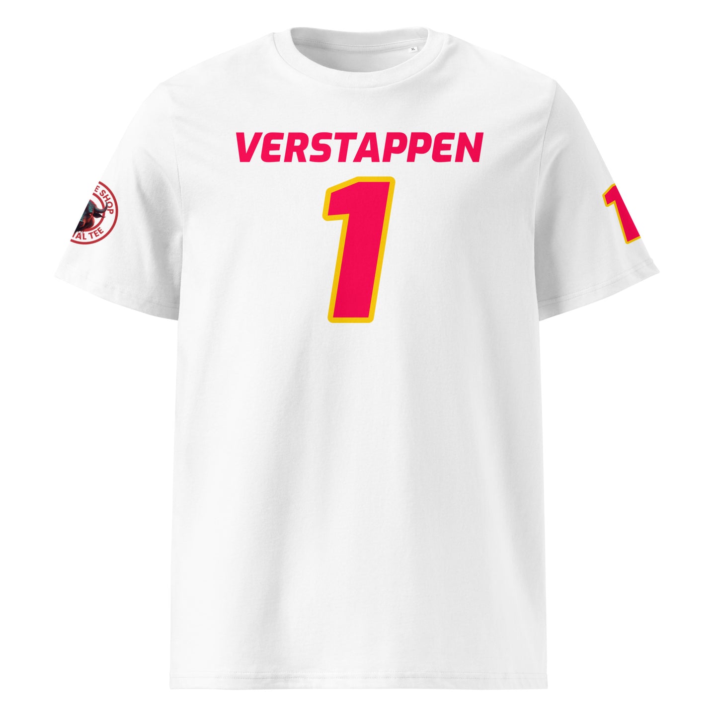 View the front of the white Max Verstappen T-Shirt, featuring "Max Verstappen" and the number "33" in Red Bull Racing colours. Perfect for F1 fans and petrol heads.